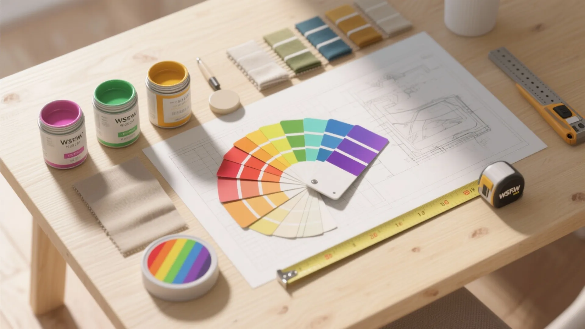 Top-down flatlay of paint swatches, fabric samples, and tools for planning rainbow decor on a budget.