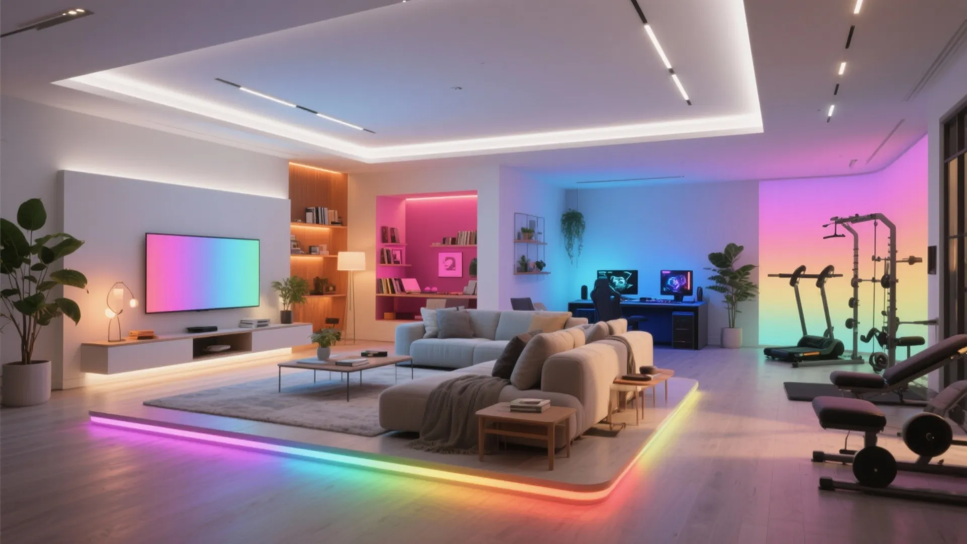 Modern open living room with colorful smart lights sofa desk television and indoor gym equipment