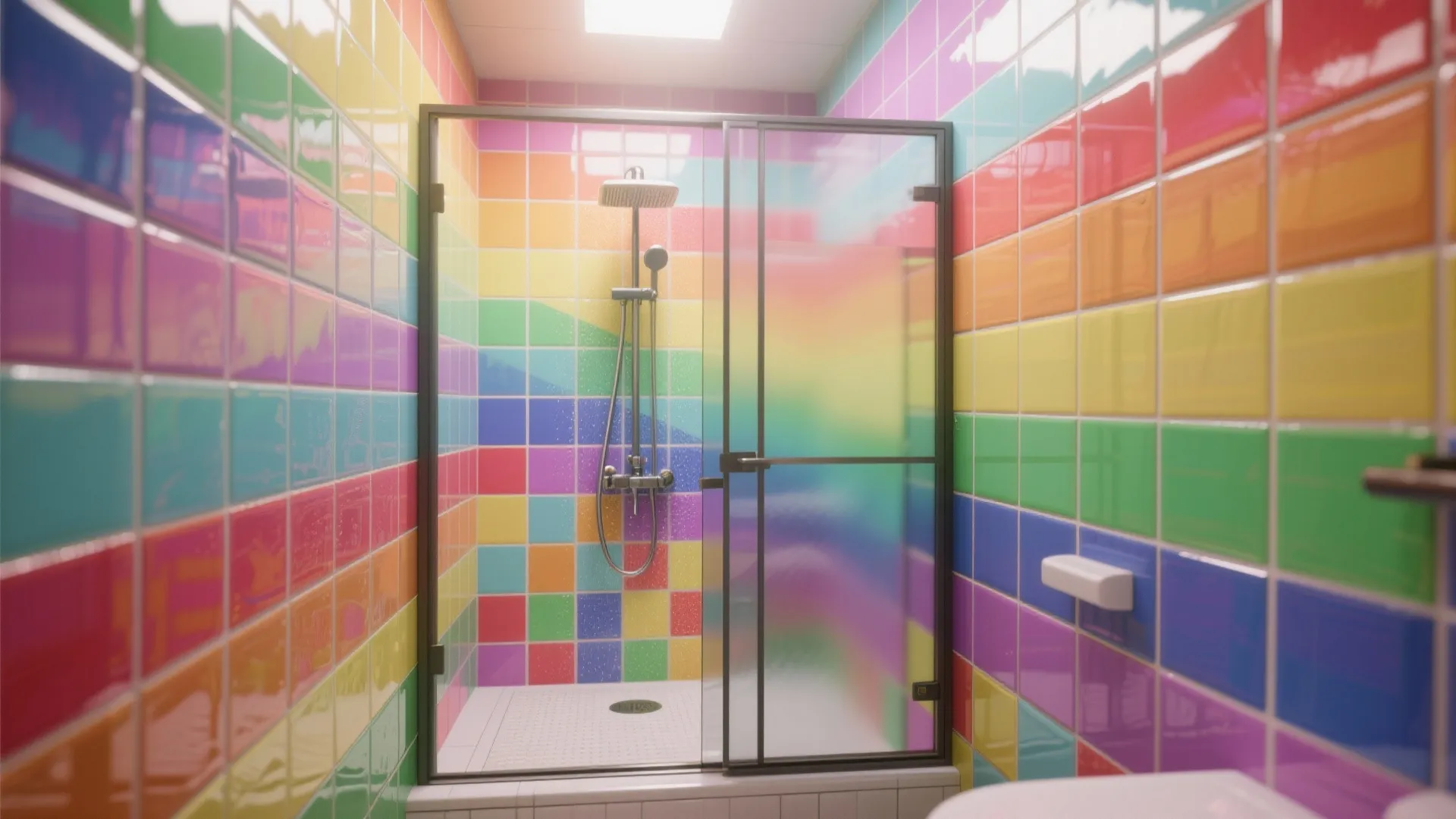 Modern bathroom featuring colorful rainbow tile walls glass shower door and simple chrome shower head