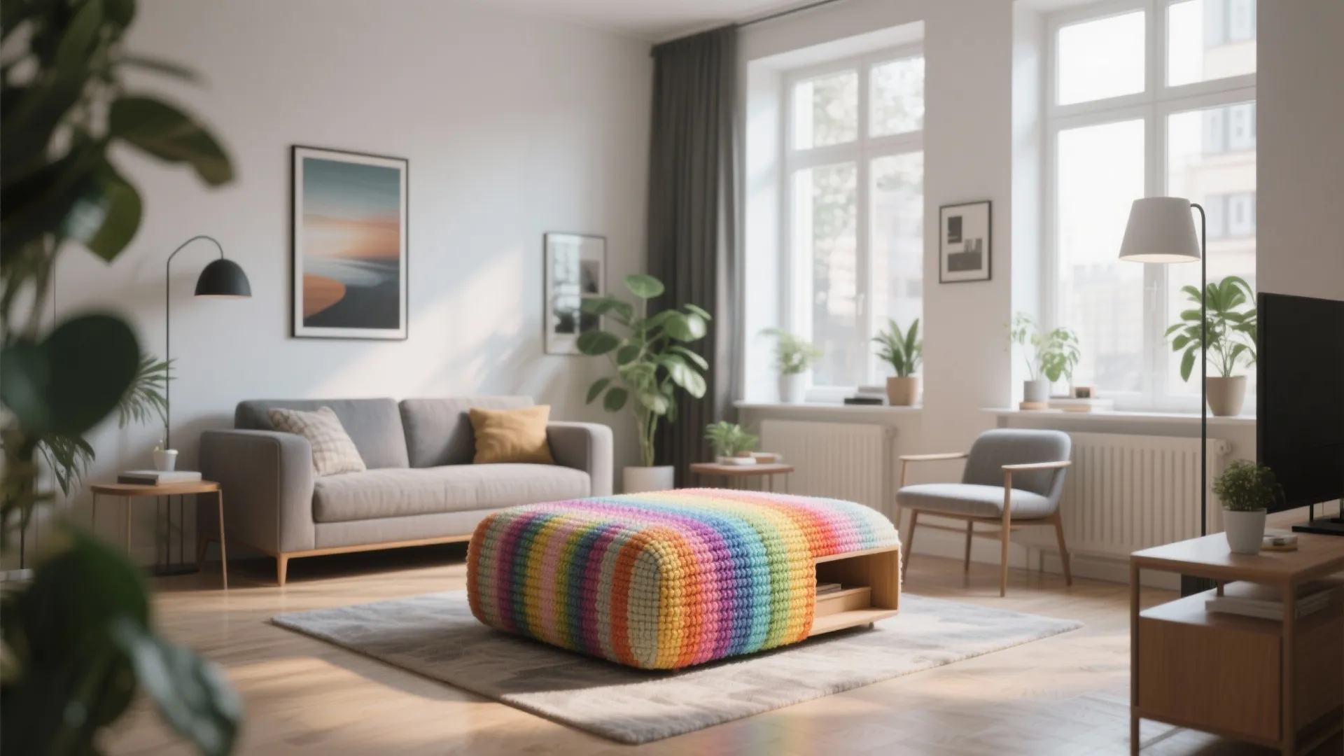 Living room with a custom rainbow upholstered ottoman