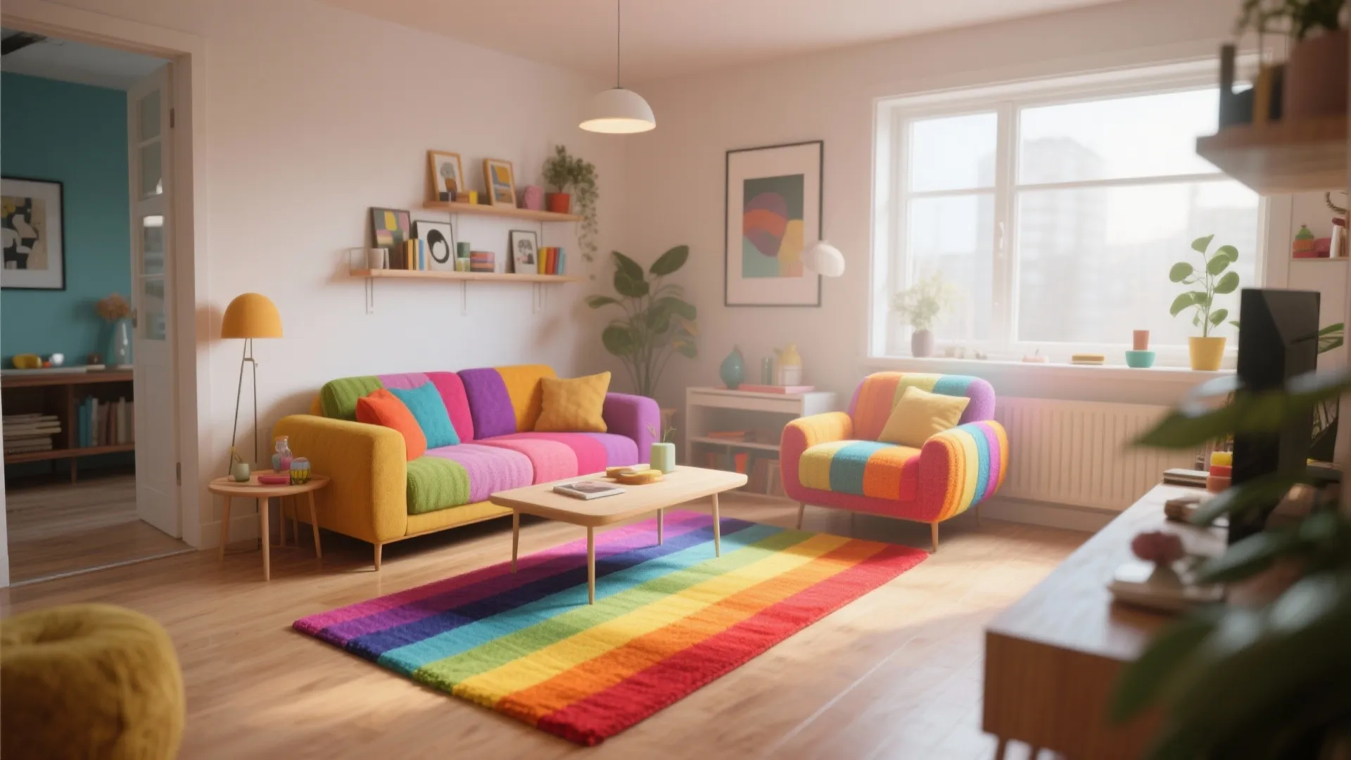 Small open-plan living room with rainbow-striped rug