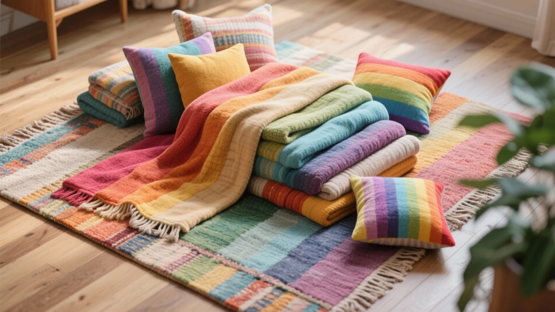 Colorful rainbow striped blankets and matching pillows arranged on a rug over a wooden floor