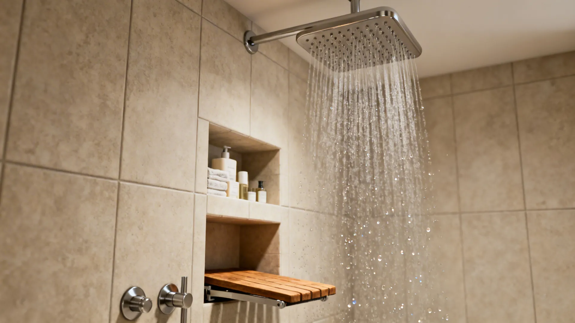 Rainfall shower with built-in niche and fold-down seat in a compact bathroom