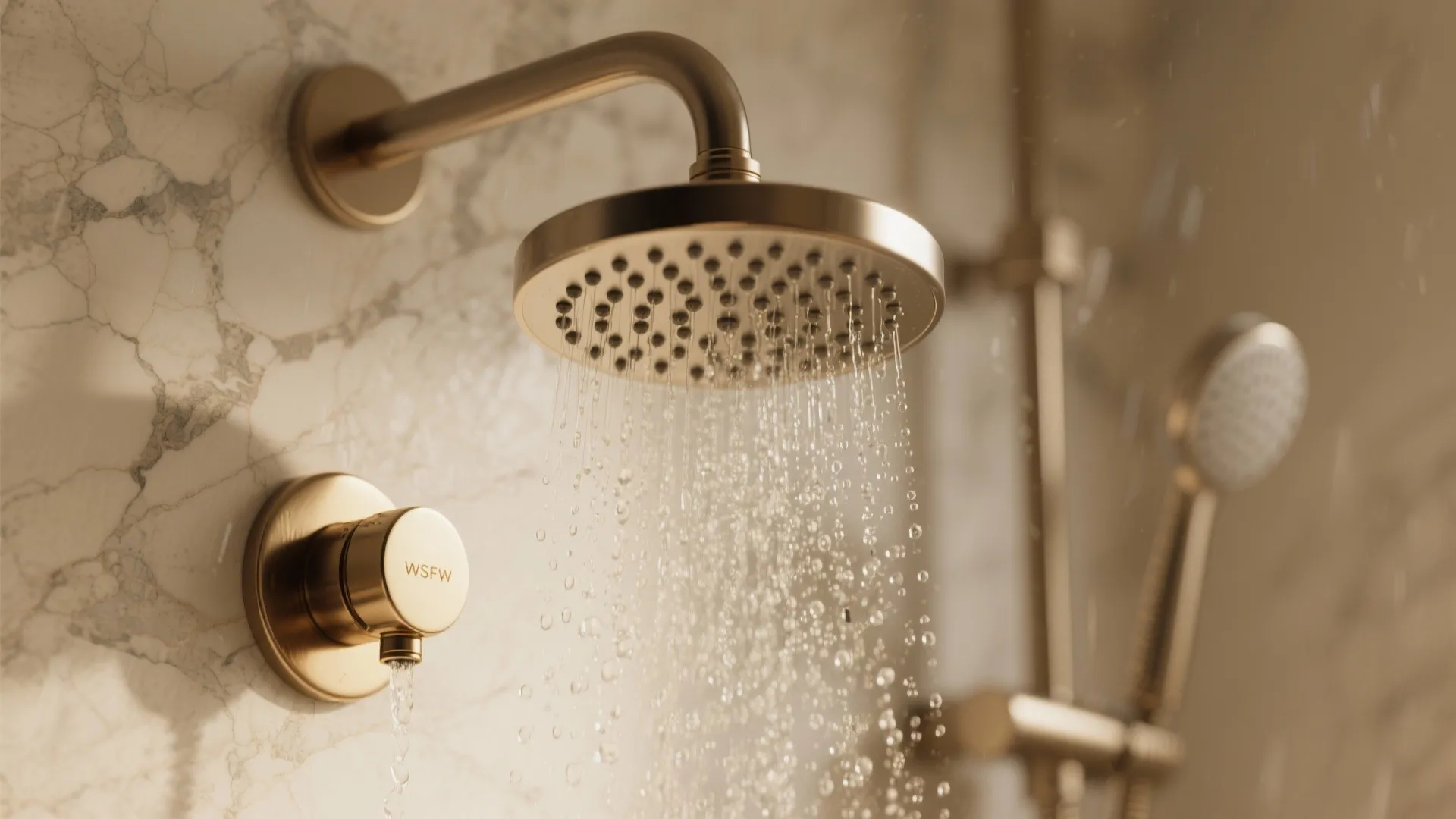 Close up of gold shower head with water flowing against a white marble wall background