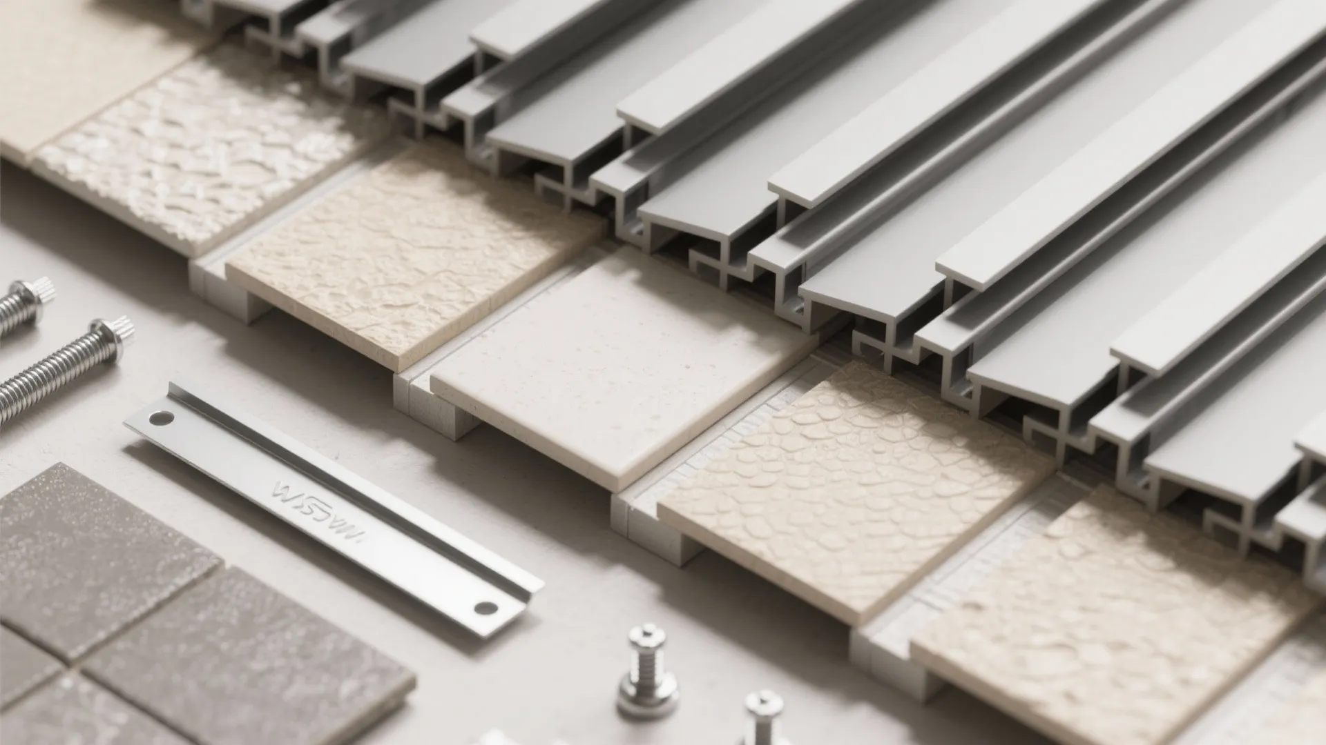 Metal wall panel installation parts with silver aluminum rails screws and beige stone tile samples