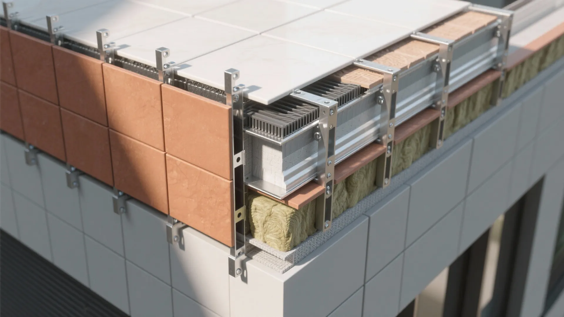 Top-down exploded view of ventilated rainscreen layers: tile cladding, air gap, brackets, sheathing.