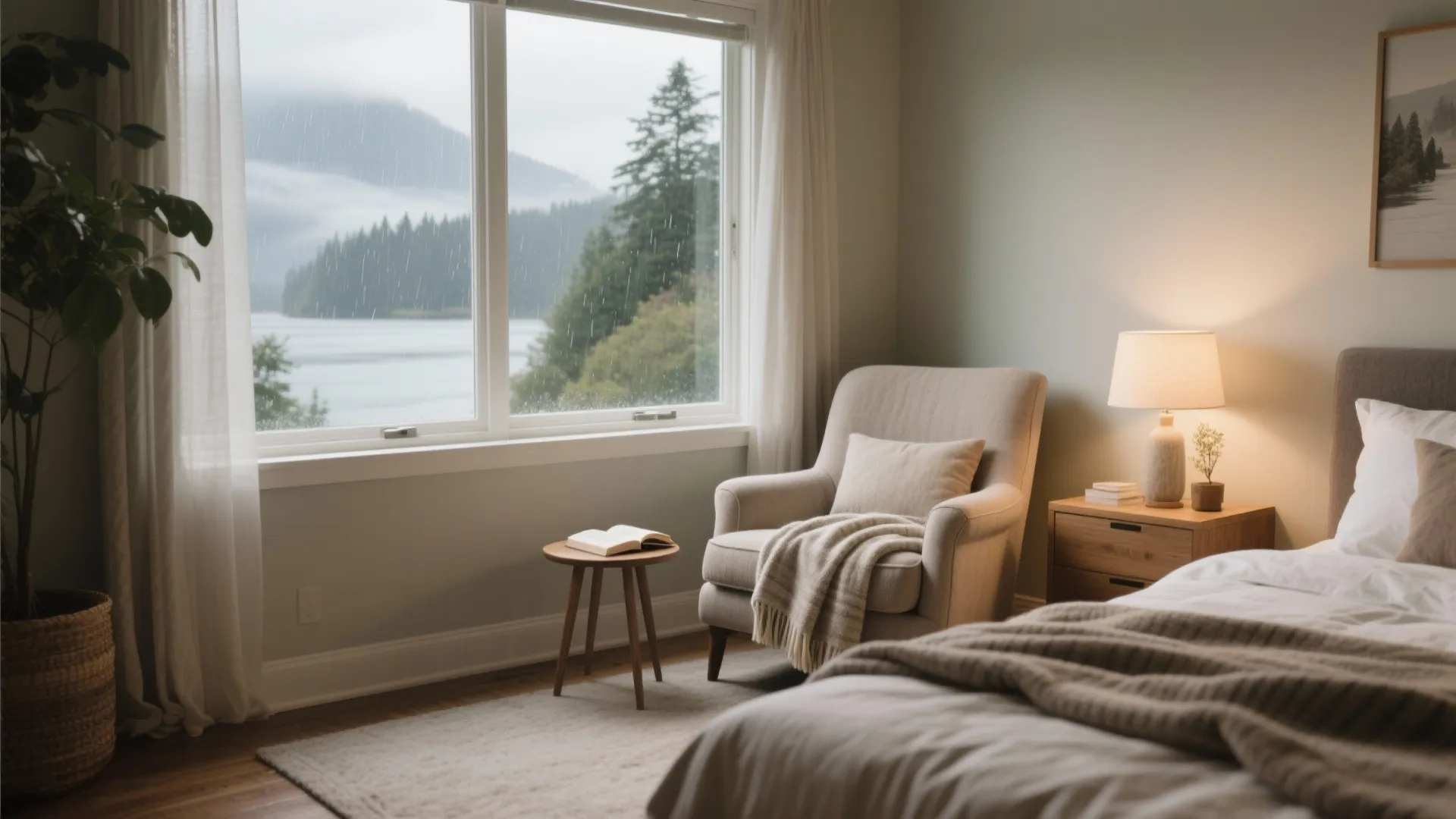 Cozy reading corner by a window with rainy view outside
