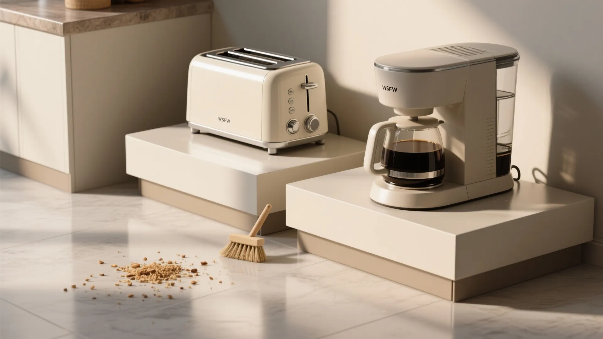 White toaster and coffee machine on raised stands with a small brush on the floor