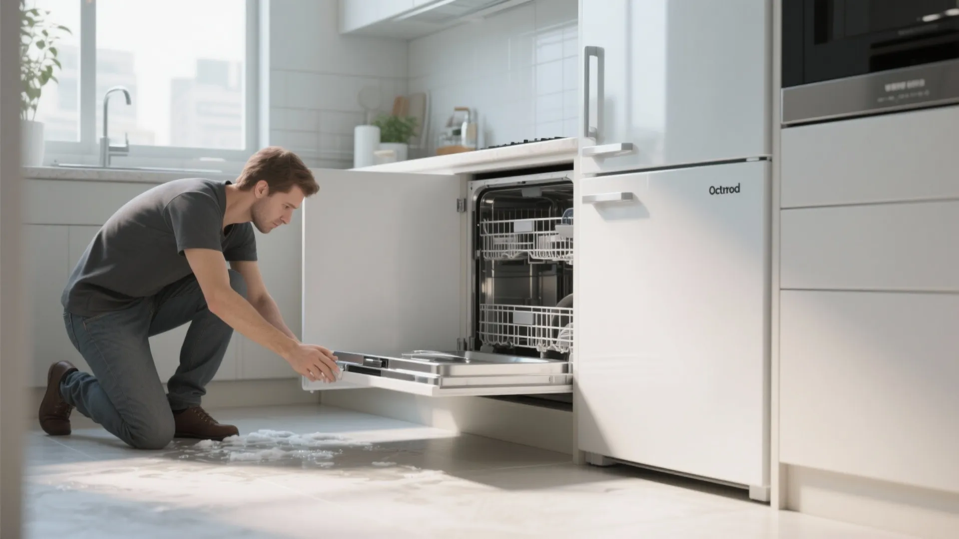 Man kneeling on kitchen floor checking a leaking white dishwasher with soap bubbles on the tile