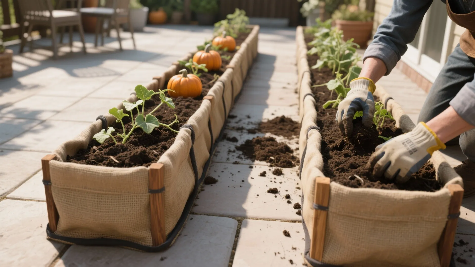 Gardener wearing gloves planting small green seedlings into long fabric raised garden beds with soil outdoors