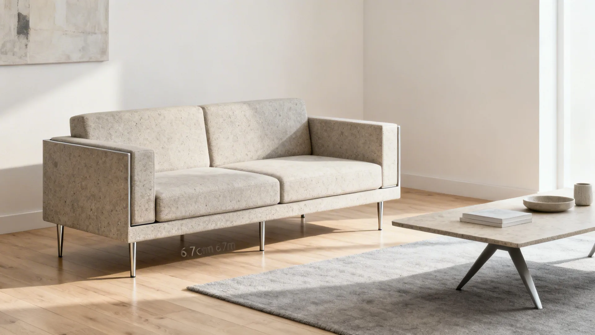 Slim L-shaped sofa on raised legs reveals more floor in a bright, compact living room.
