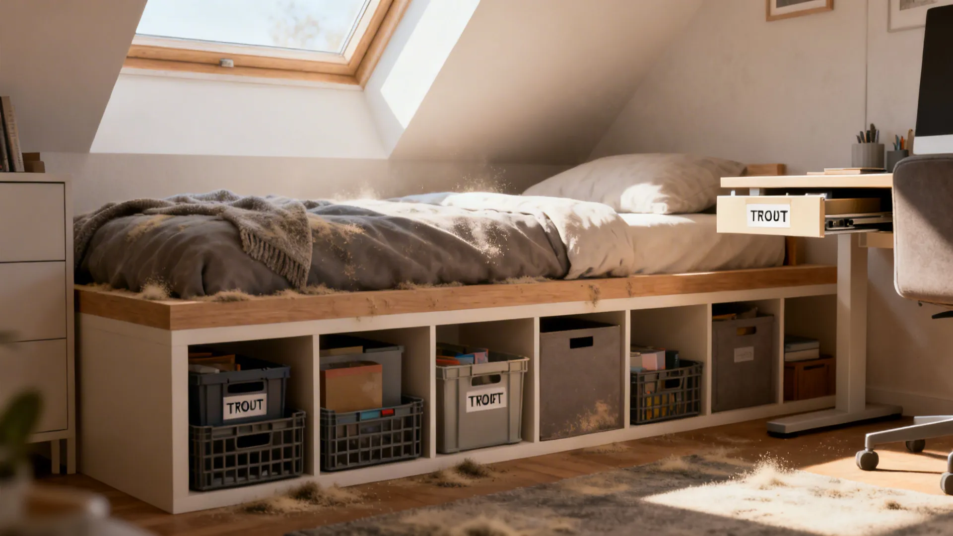 Raised platform bed with Kallax cubes and Trofast bins stored underneath in a studio apartment