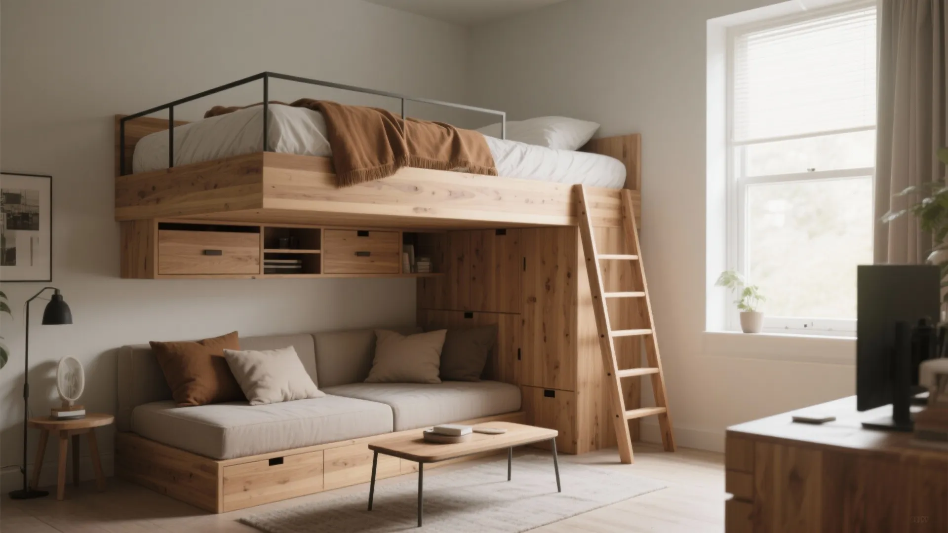 Raised platform bed with built-in storage and a cozy lounge area underneath in a small studio.