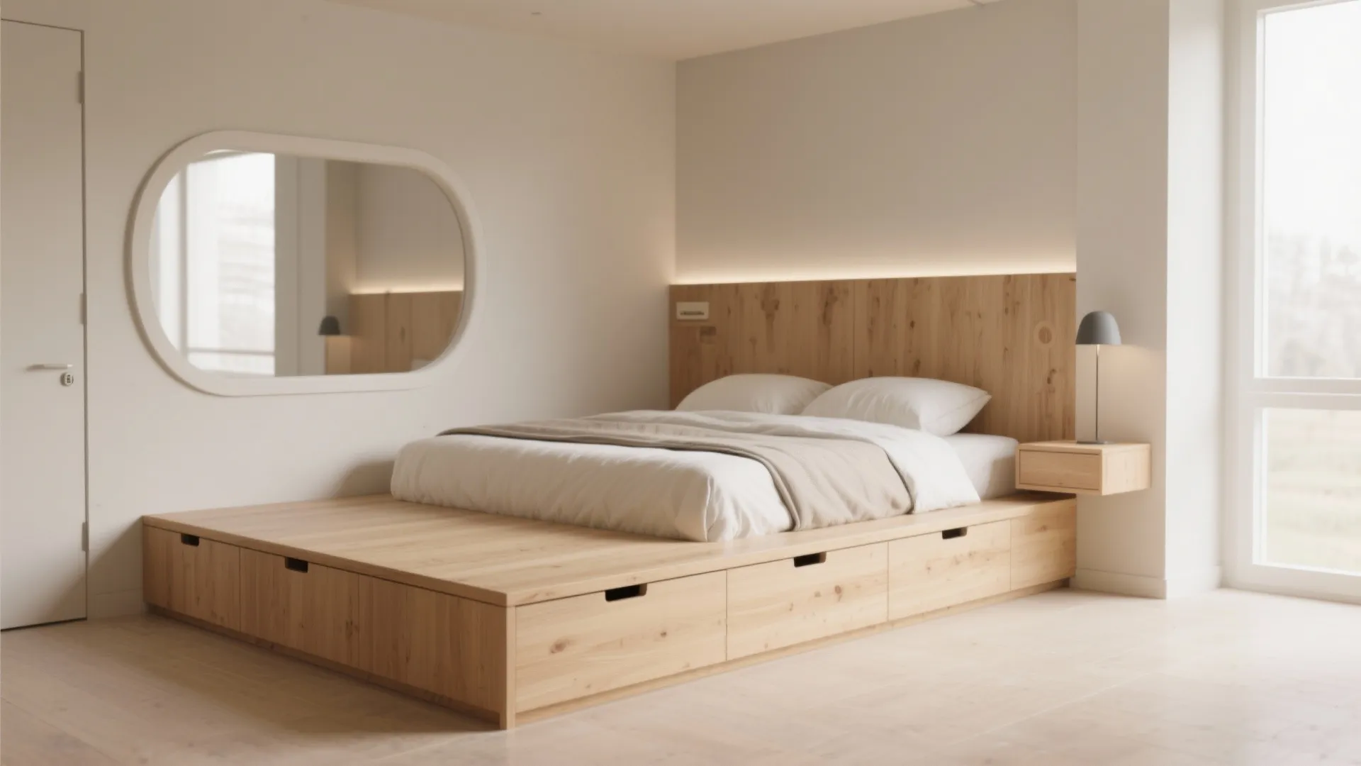 Minimalist wooden platform bed with storage drawers white bedding wood headboard lighting and wall mirror