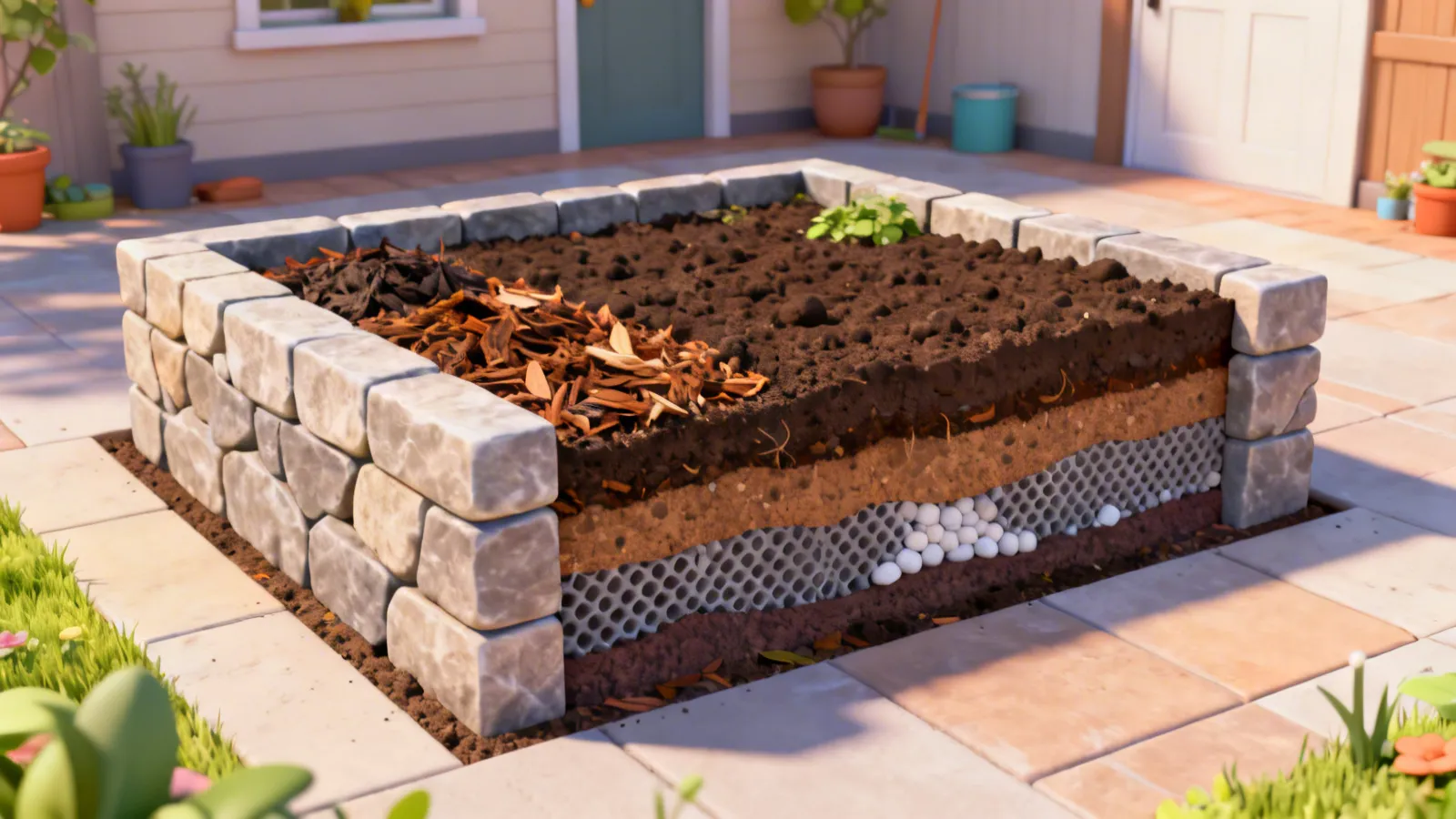Cross section of soil layers inside a raised garden bed