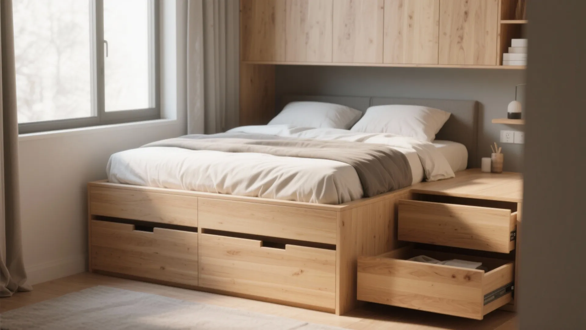 Wooden bed frame with open pull out storage drawers next to a bright bedroom window