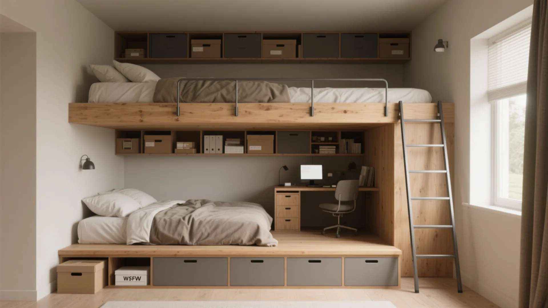 Wooden bunk bed with built in desk storage cabinets ladder and window in small room