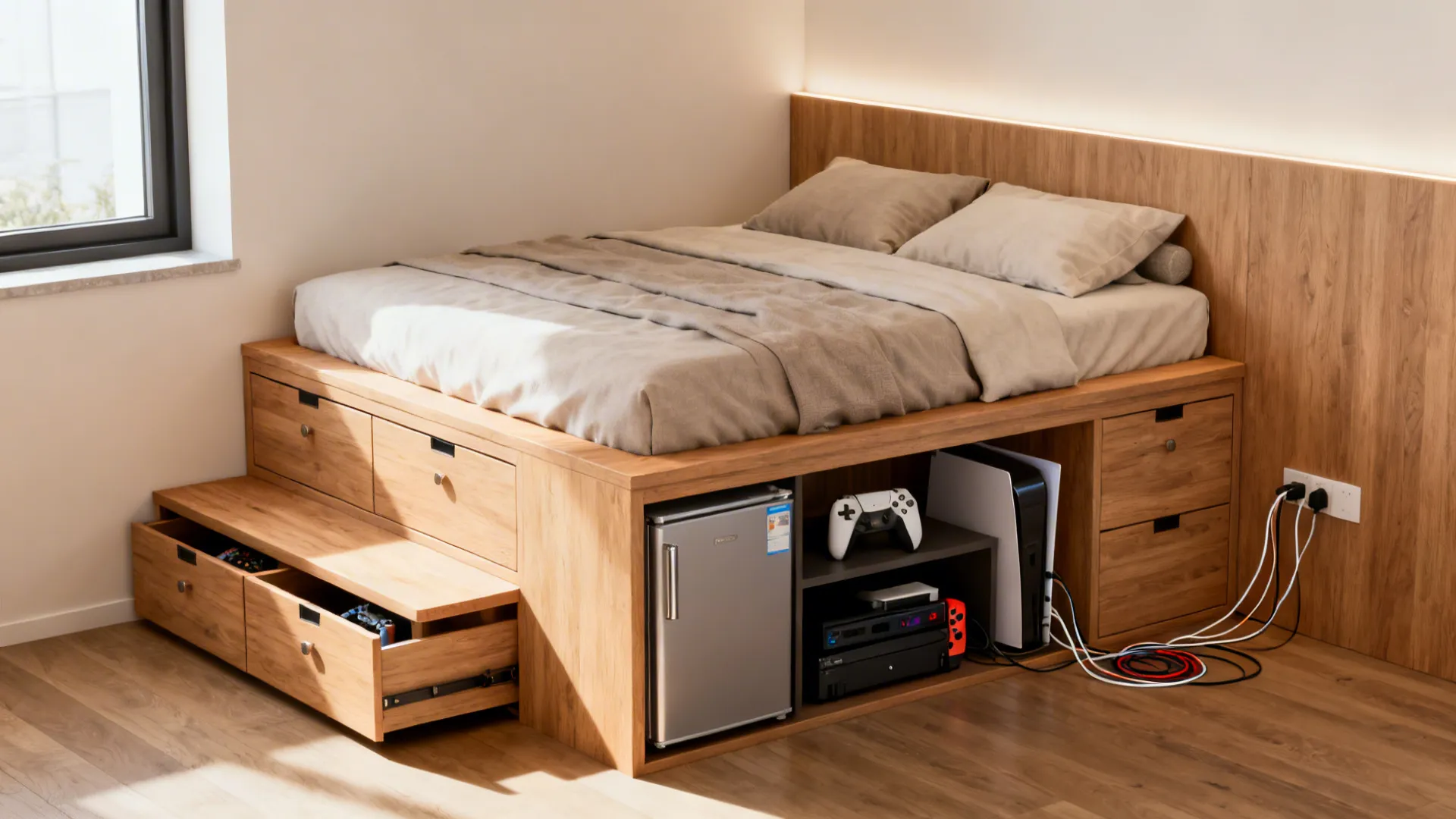 Raised platform bed with integrated drawers and hidden console storage underneath.