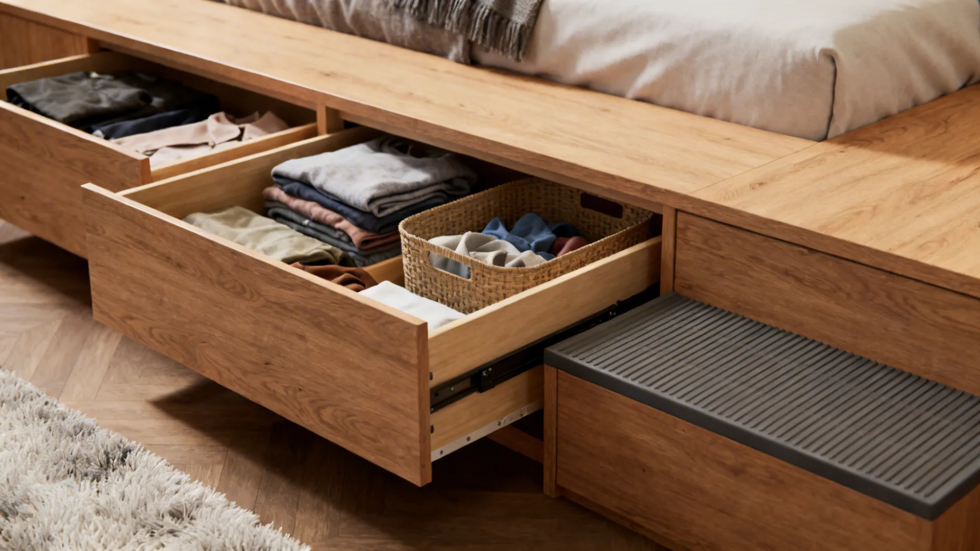 Raised wooden platform bed with integrated drawers and organized under-bed storage
