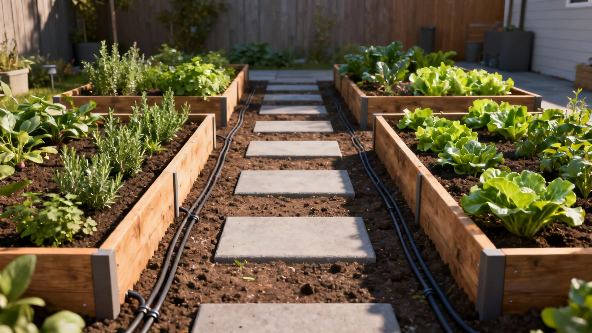 Narrow raised beds in a grid with stepping pavers and irrigation in a small backyard