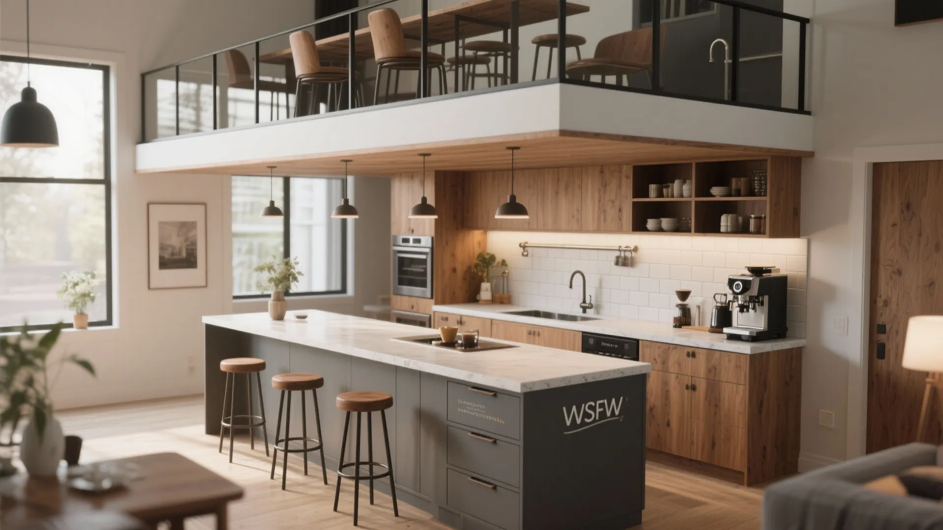 Modern kitchen with wood cabinets a grey island three wooden stools and a mezzanine floor
