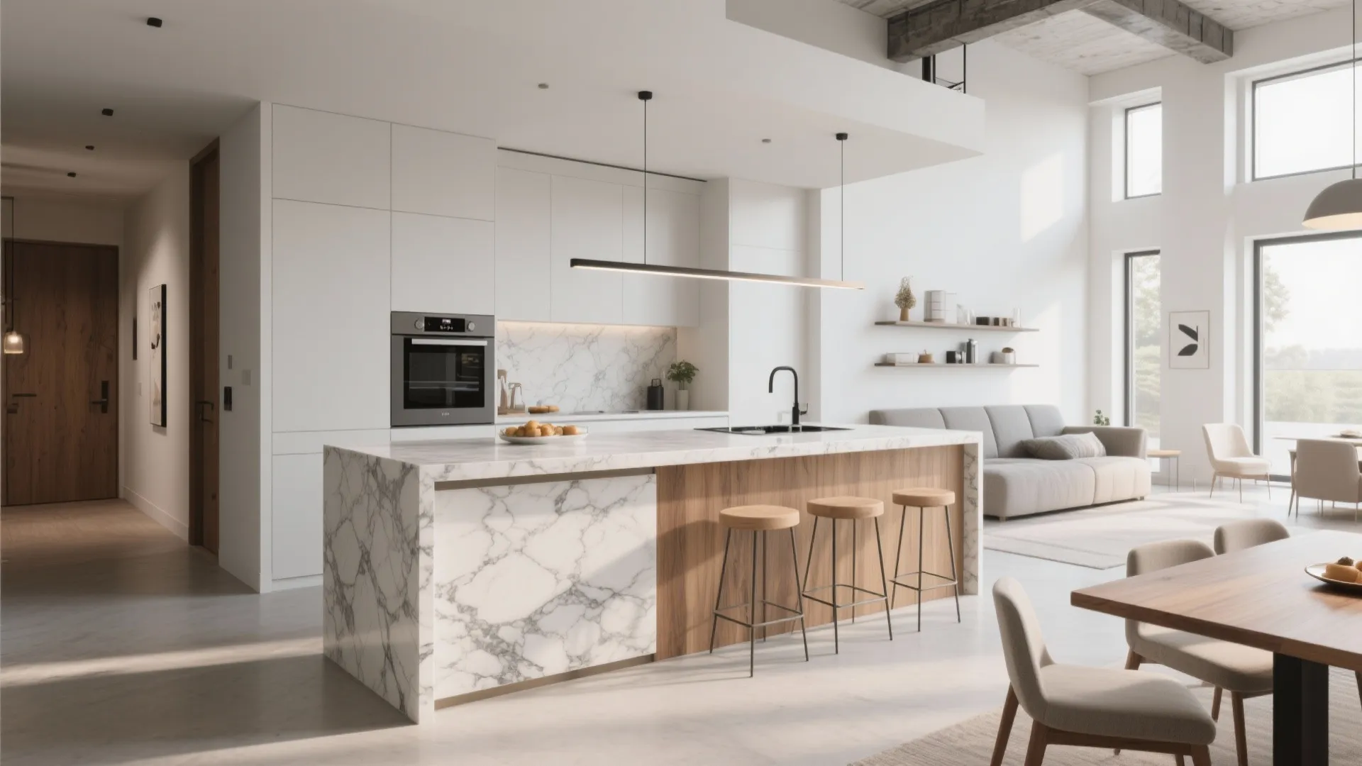 Marble kitchen island with wood accents and three bar stools in a bright white room