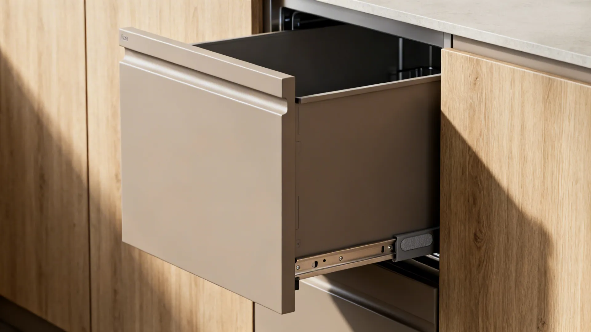 Close-up of an open kitchen drawer with light brown front and wooden cabinet frame detail