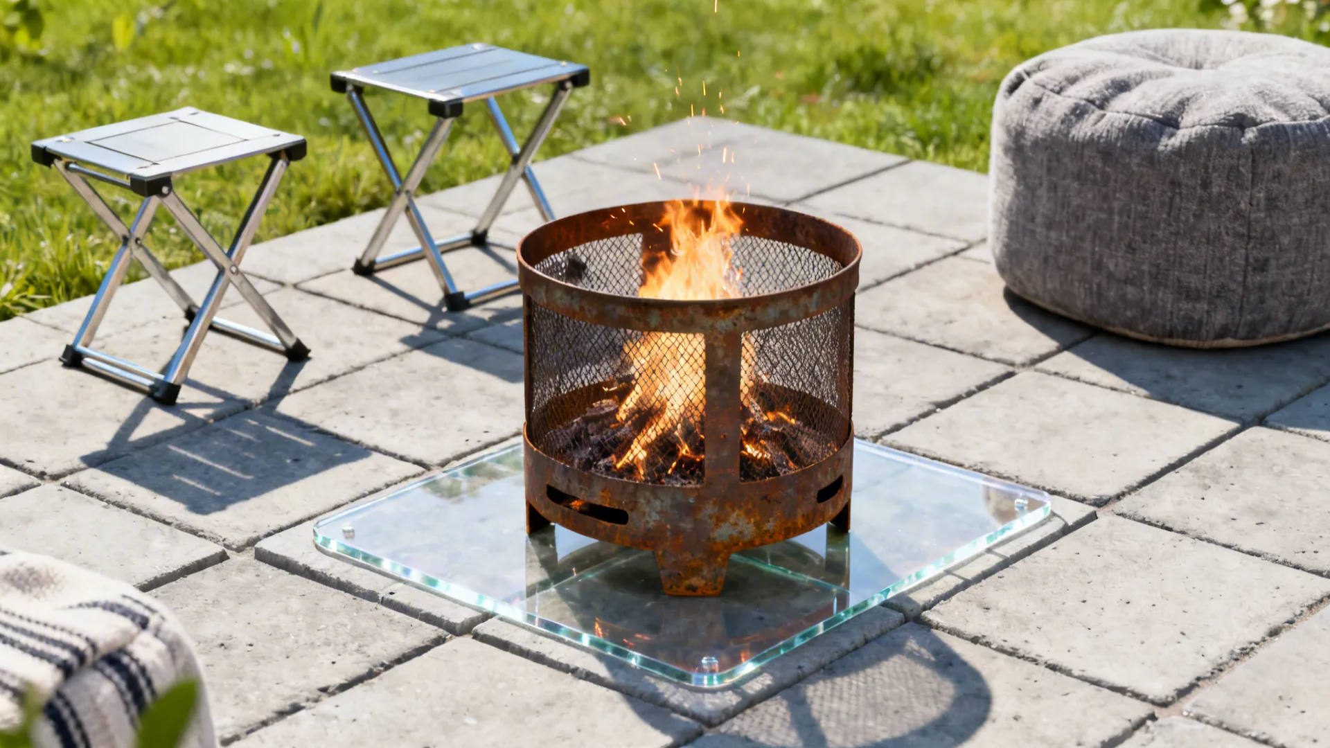 Compact raised fire bowl on pavers with foldable stools and a heat-resistant base.