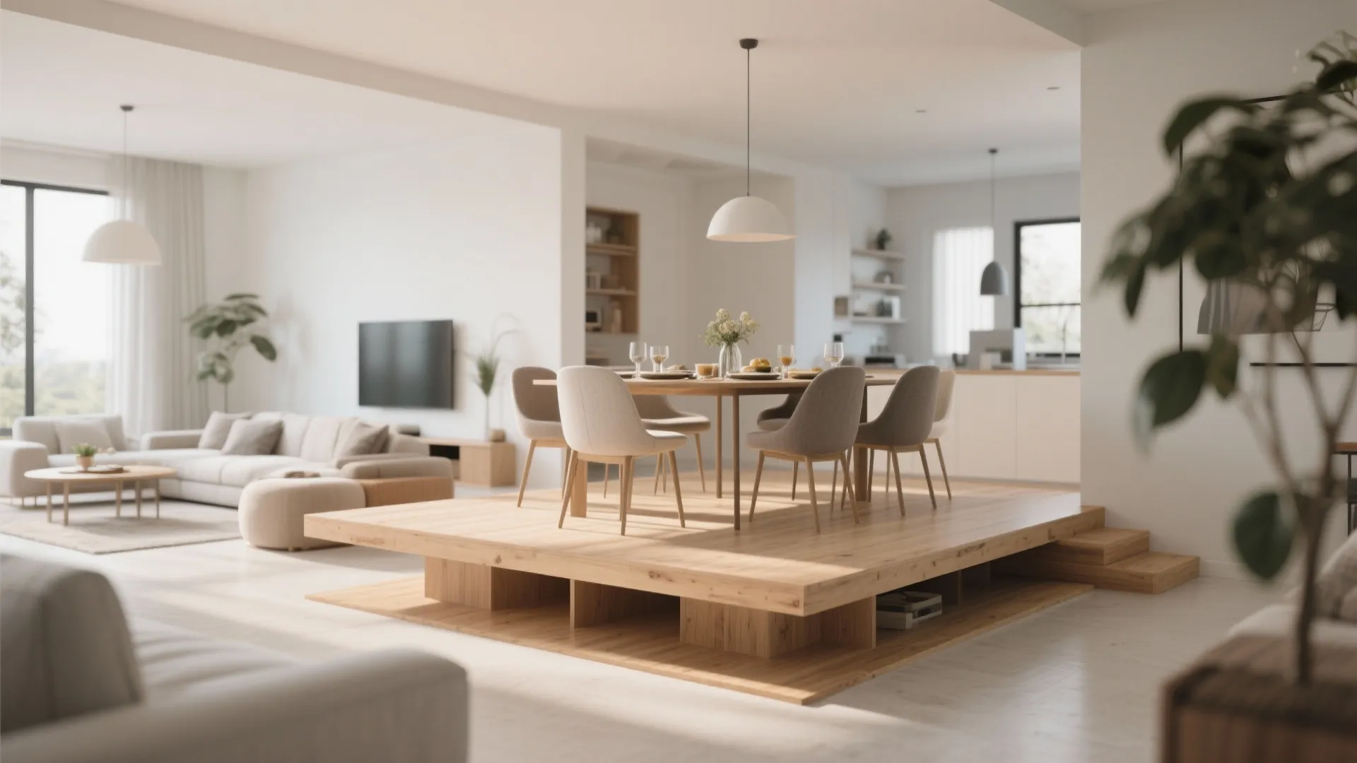 Dining table set on a wooden raised platform within a large open plan living area