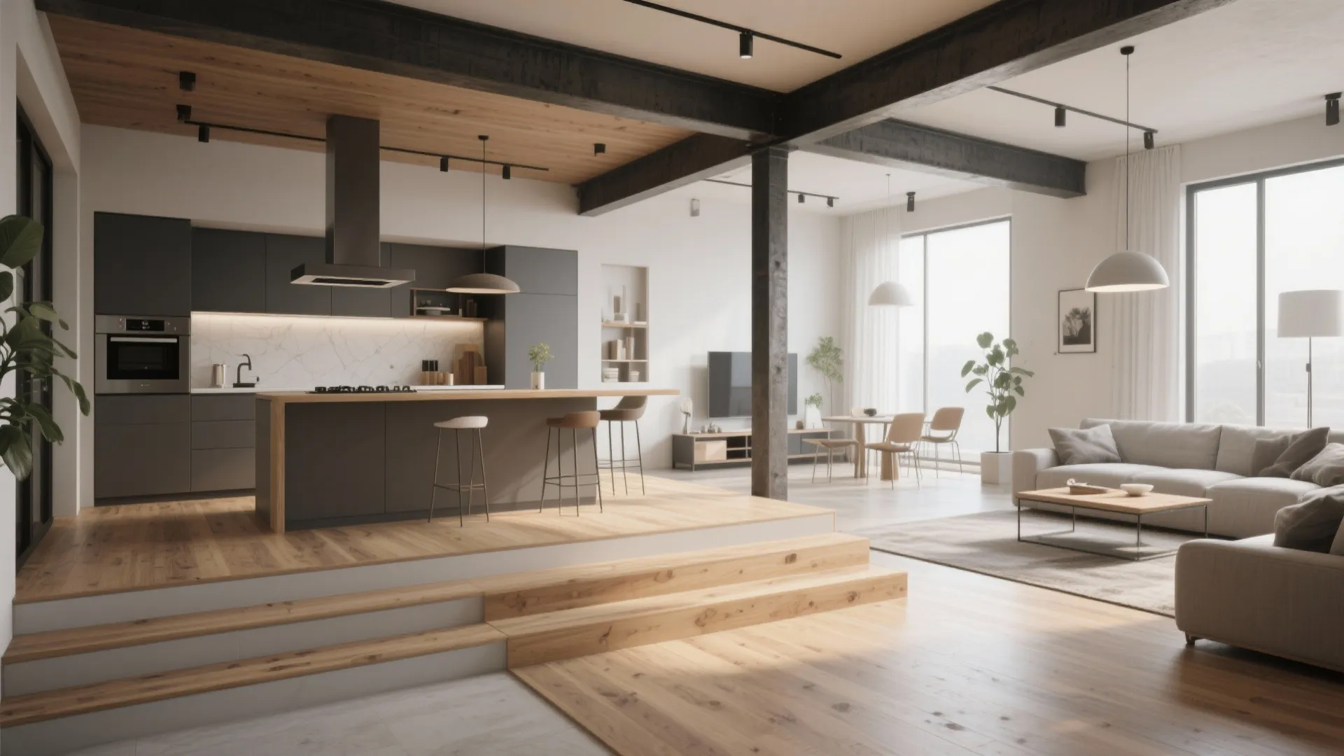 Spacious open living room and kitchen design with raised wooden floor platform and ceiling lights