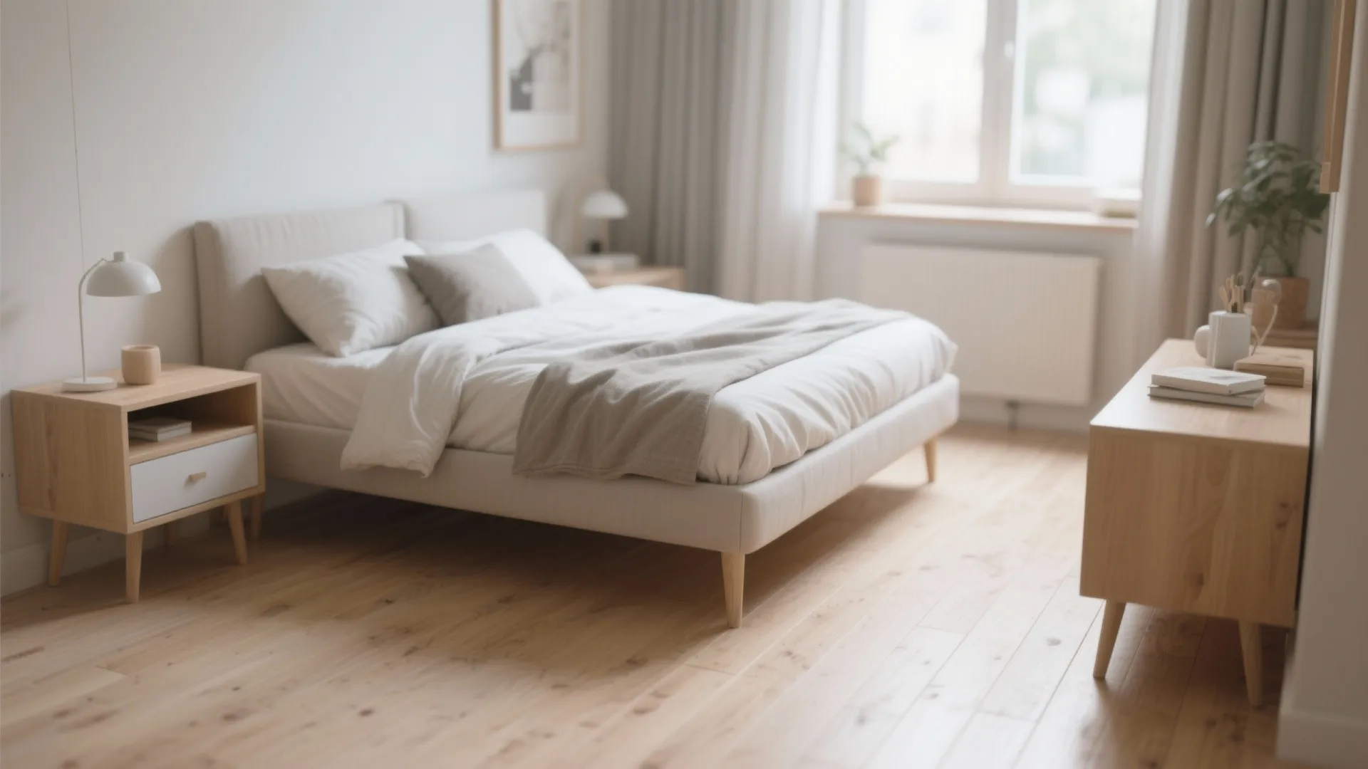 Bedroom with furniture on legs showing floor space underneath