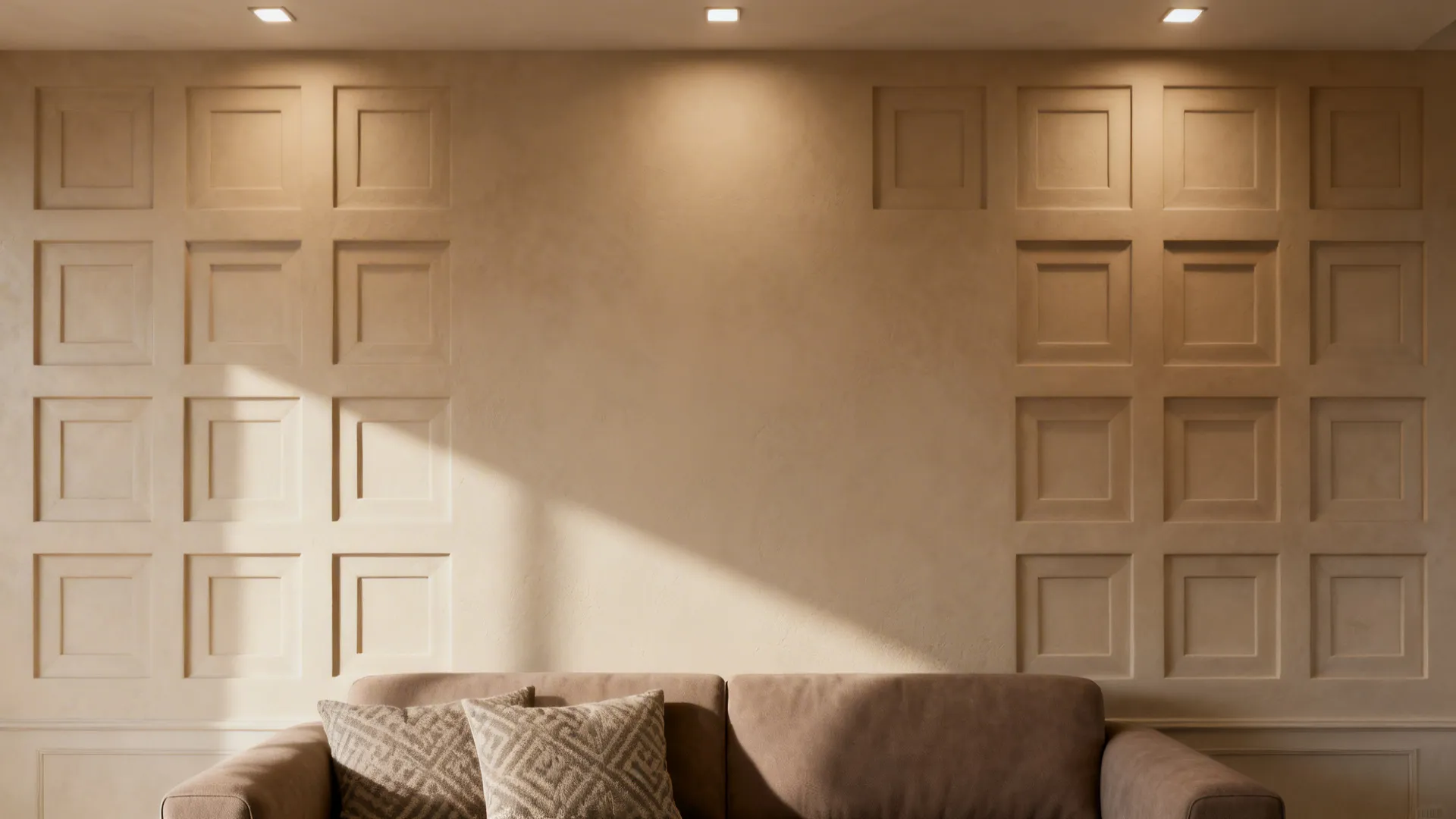 Compact living room with subtle raised geometric wall in two close putty tones.