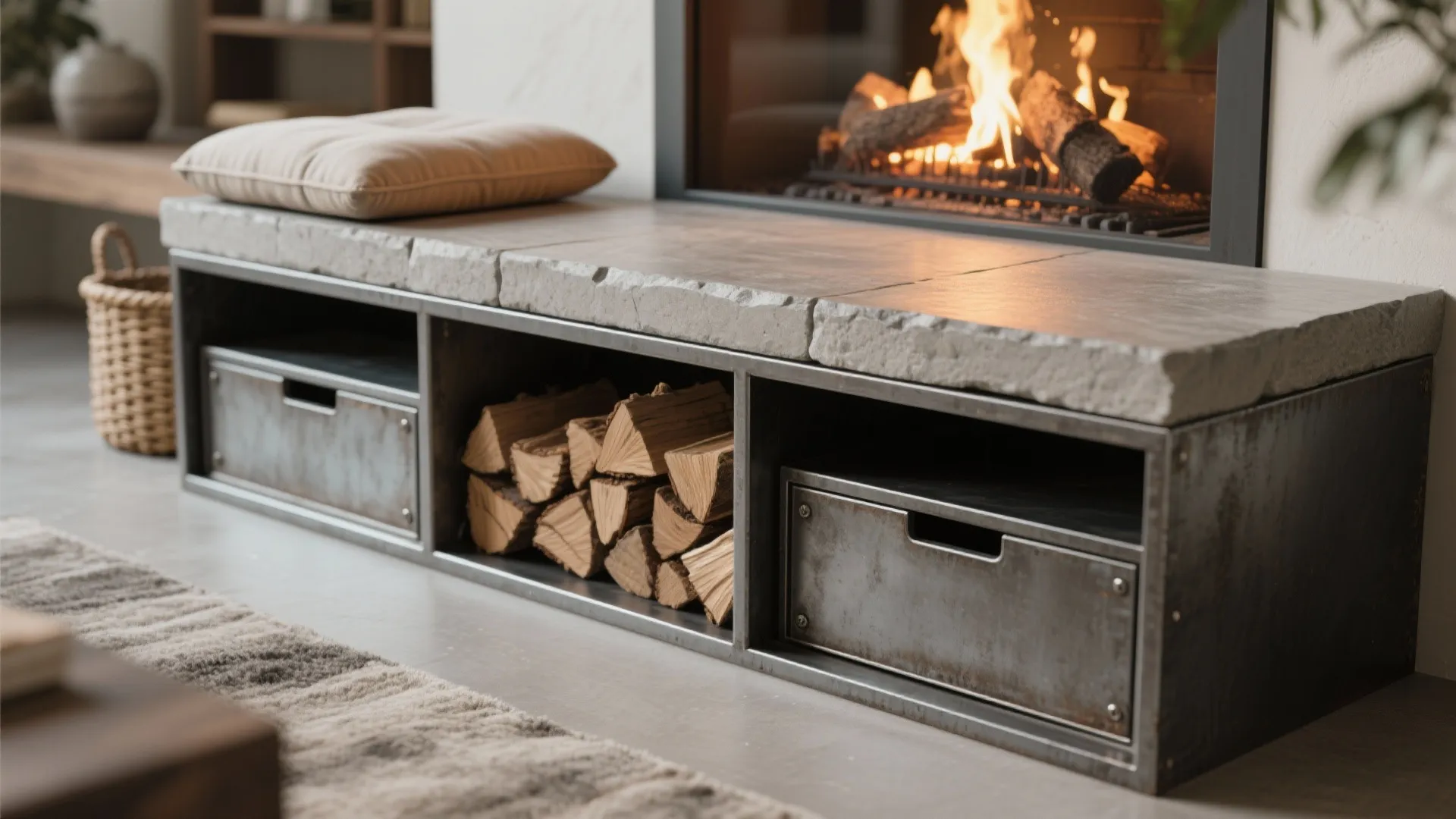 Modern fireplace with stone top and metal cabinet base holding firewood and grey metal drawers
