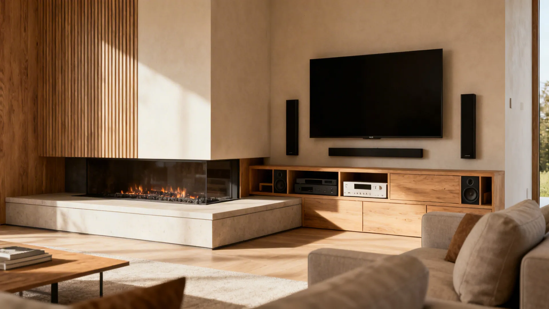 Raised hearth with a low-profile media console under a TV, providing comfortable seated viewing and concealed storage