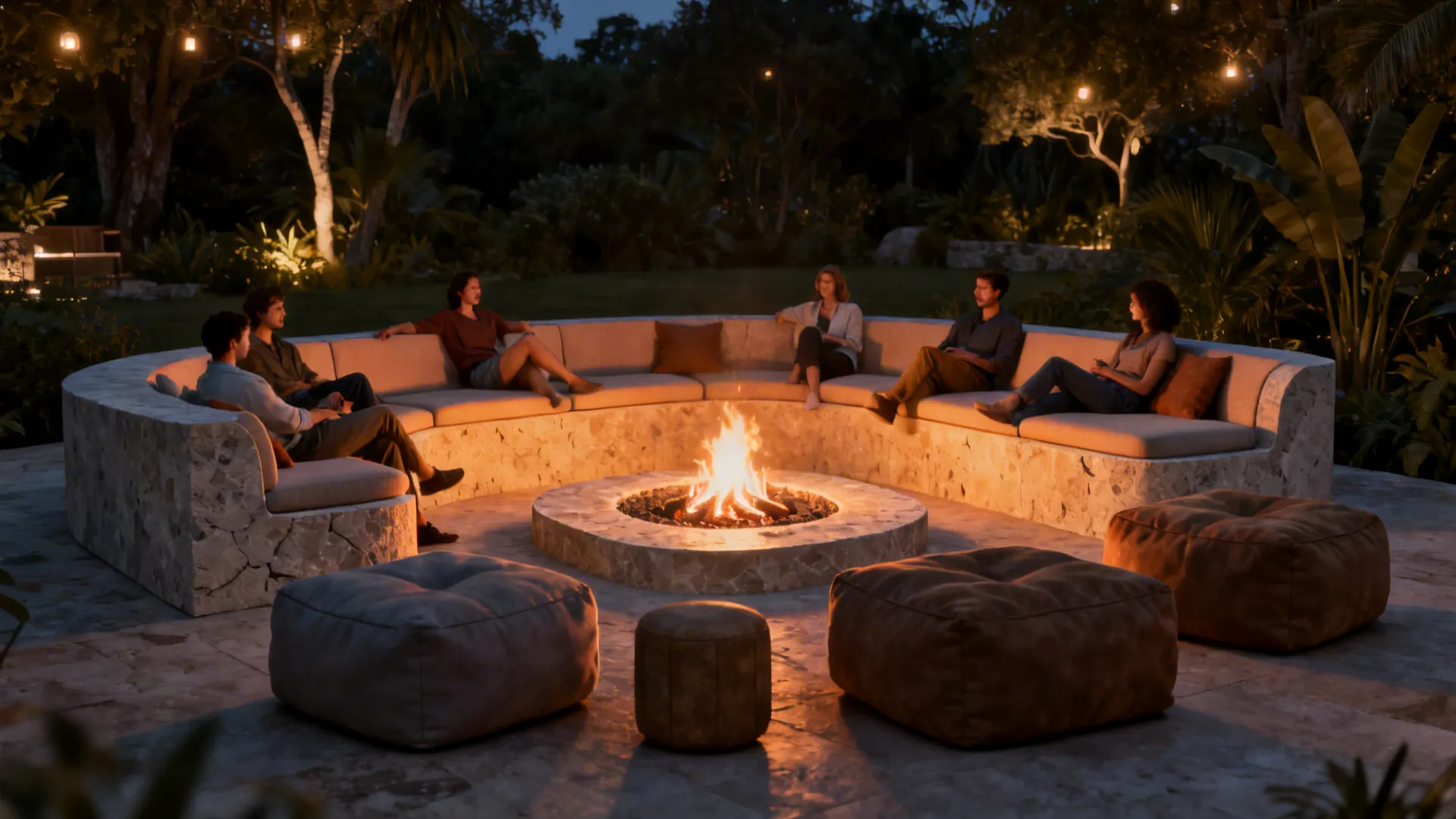 People sitting around a stone outdoor fire pit with cushions and footrest on a patio