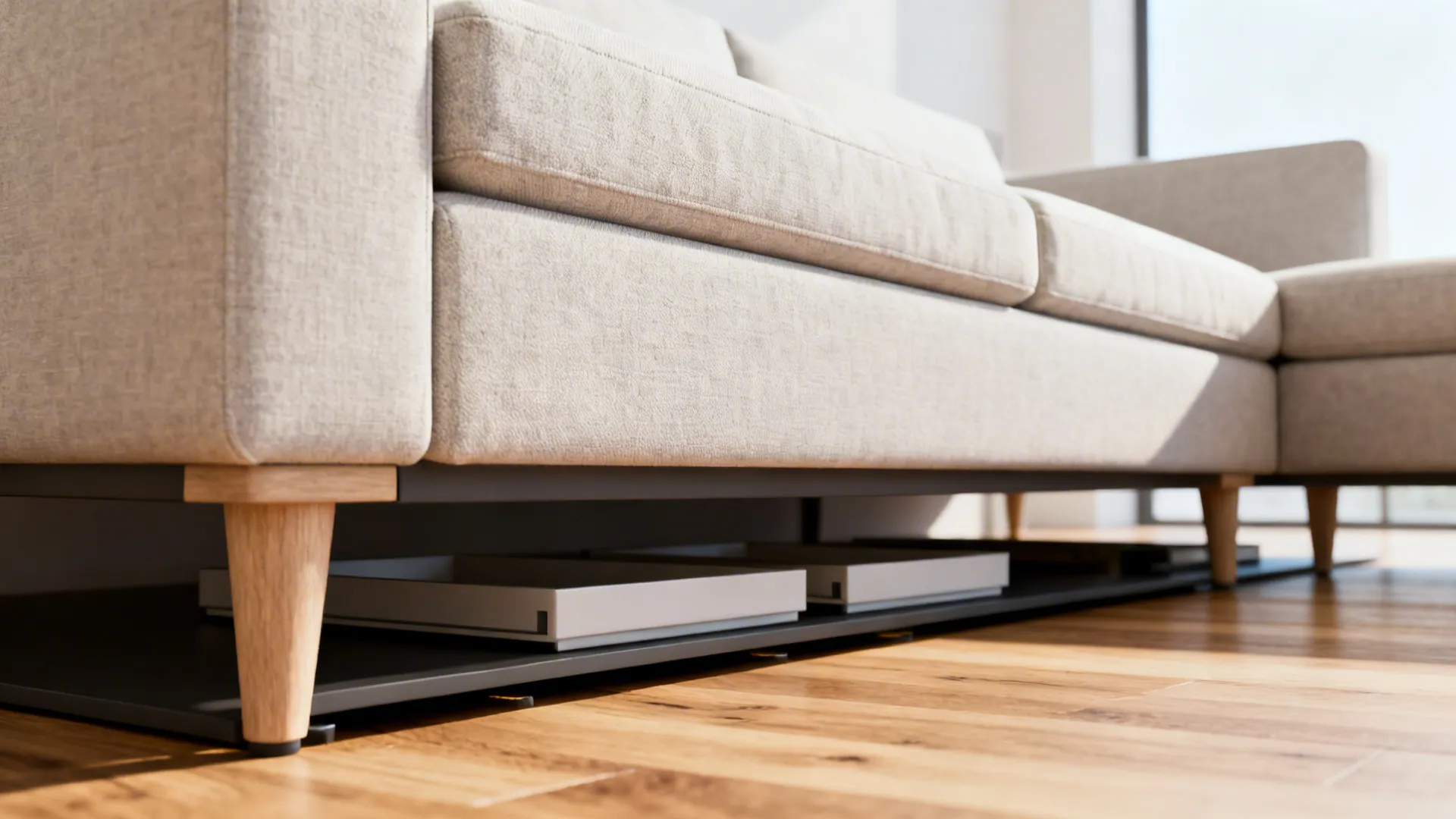 Close-up of a raised-leg L-shaped sofa showing floor clearance and storage trays.