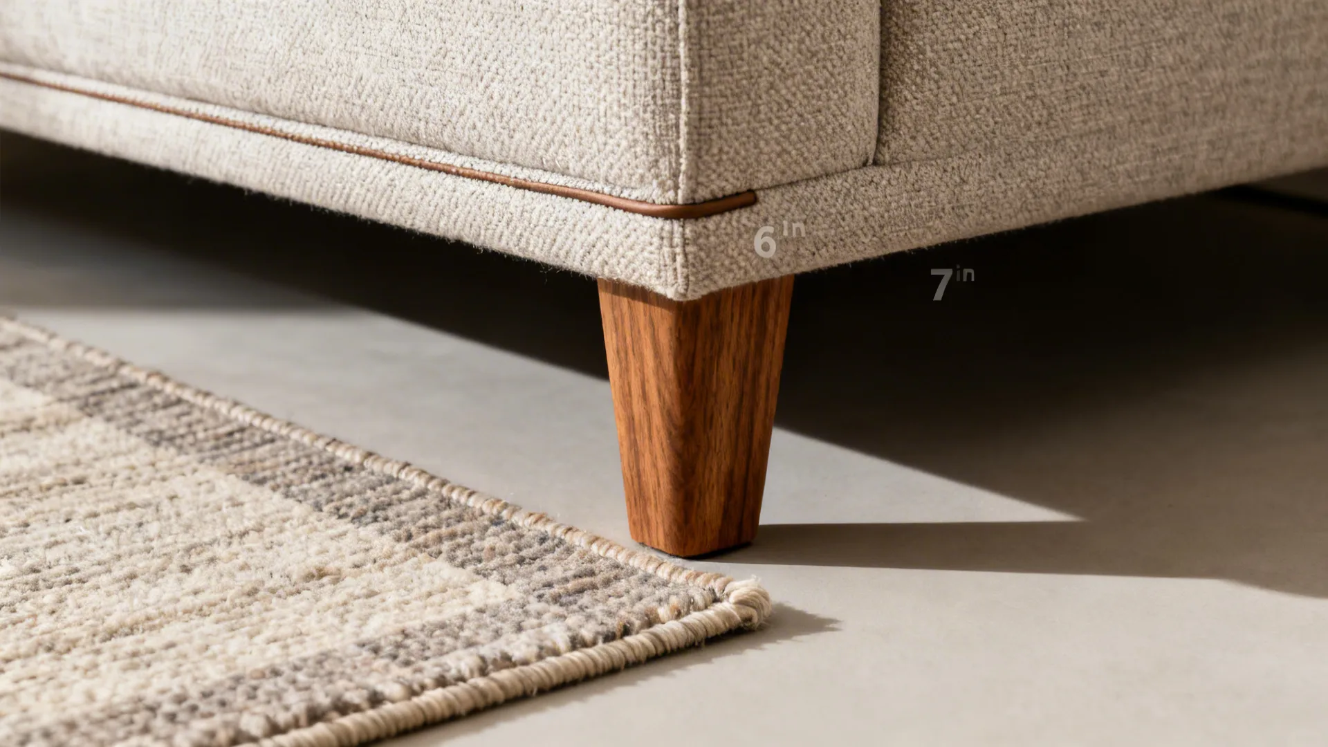 Macro of a sofa’s raised wooden leg over layered rugs, highlighting texture and negative space.