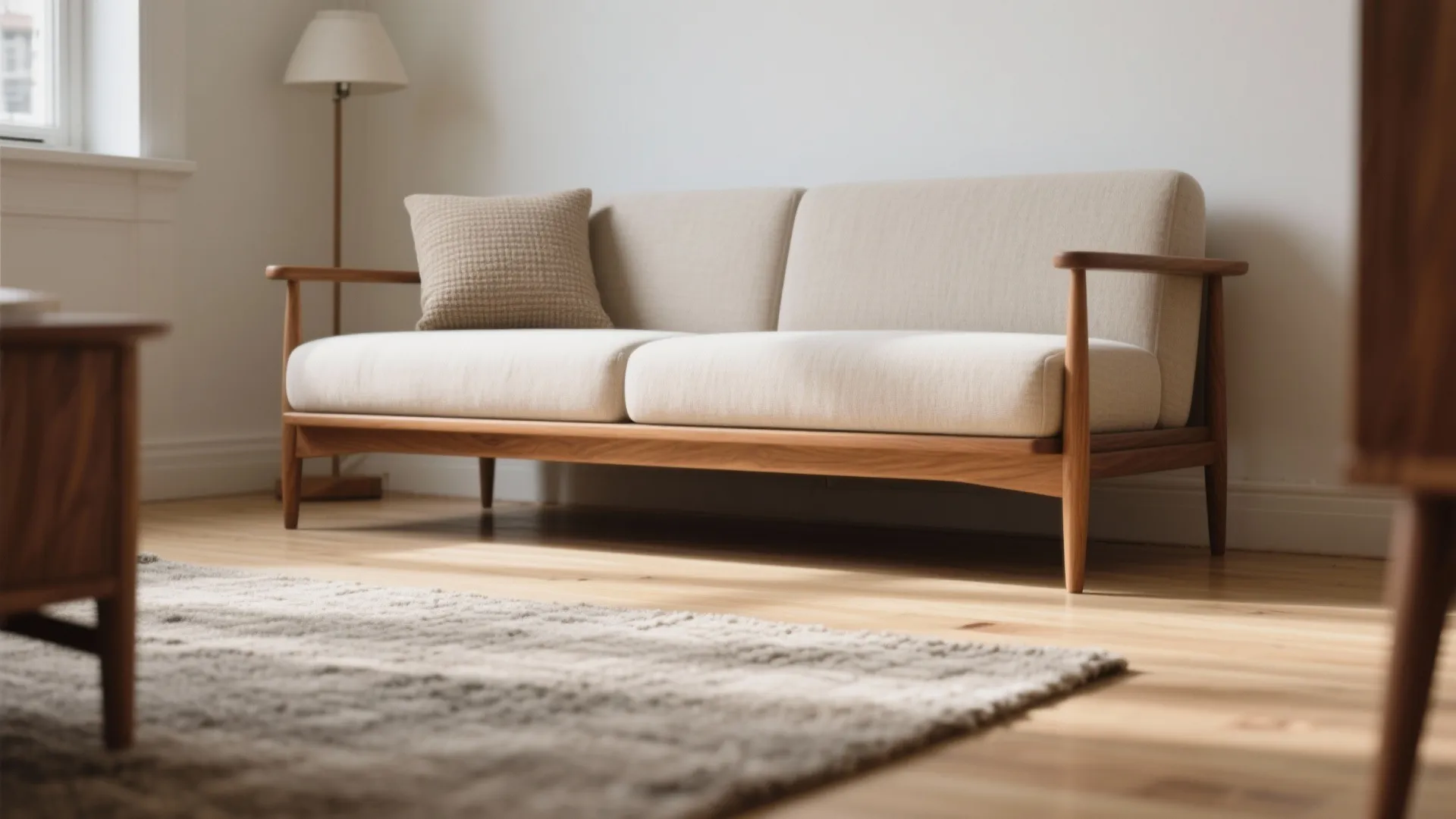 Simple wooden frame sofa with cream cushions in minimalist living room with floor lamp rug