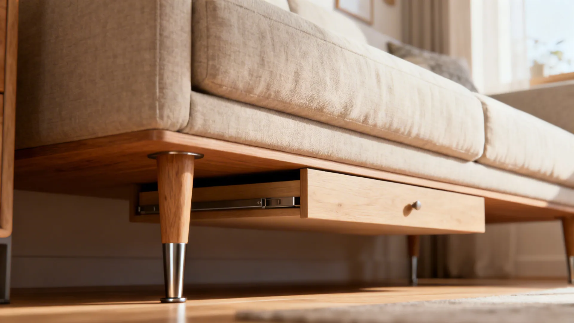 Slim-profile sofa with exposed raised legs creating visible floor space and a slim console underneath.