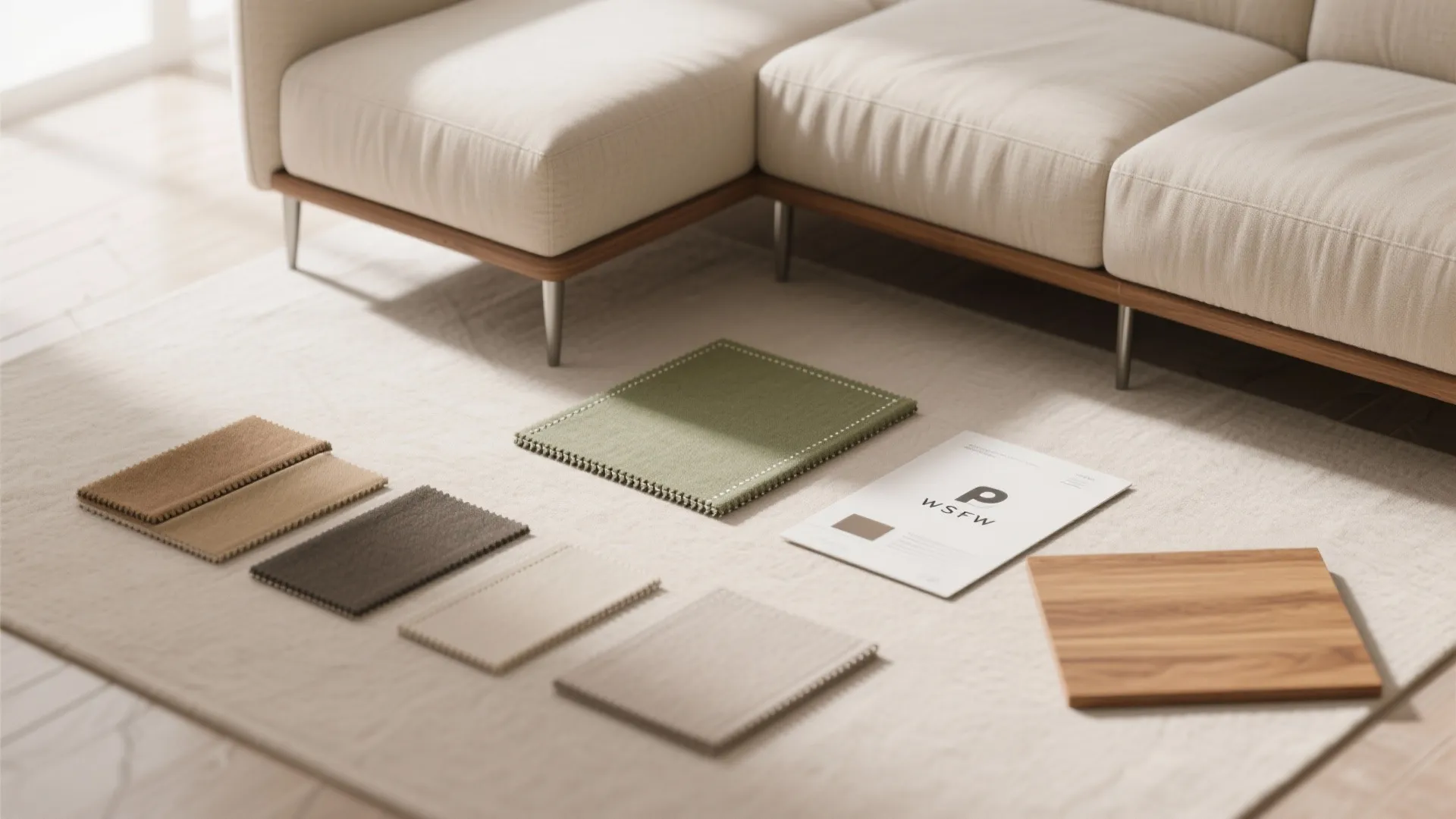 Interior design material samples including fabric swatches and wood board on a light colored rug