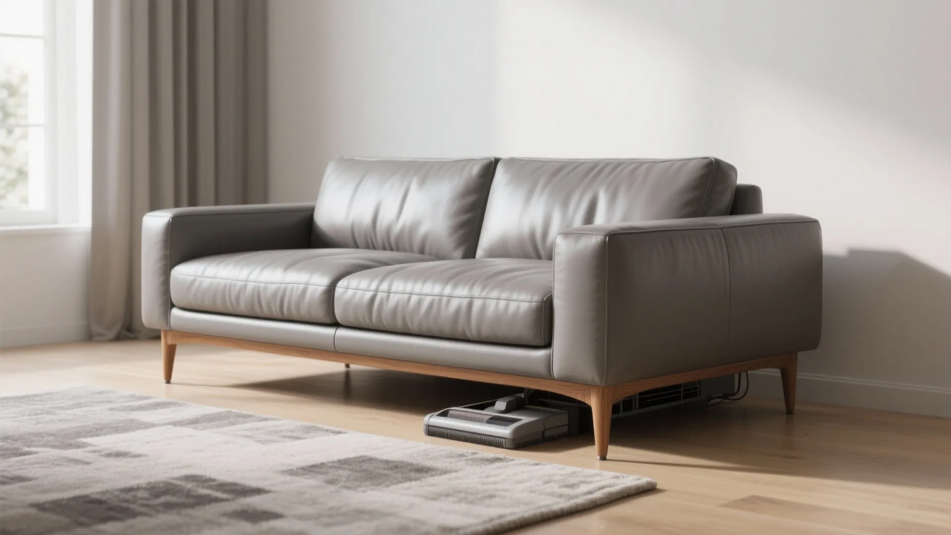 Grey leather sofa with wooden legs and a robot vacuum cleaner on the wooden floor