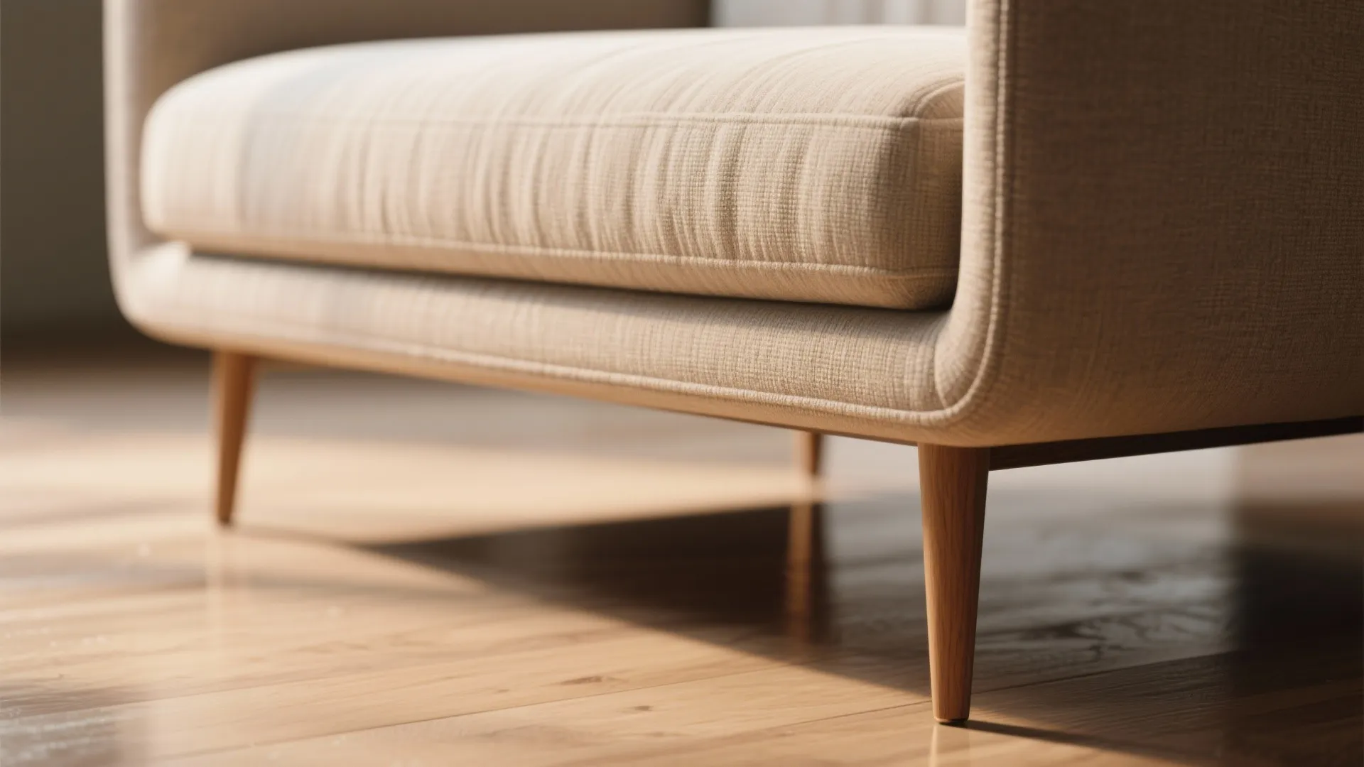 Close up of a beige fabric sofa with thin wooden legs resting on a wooden floor