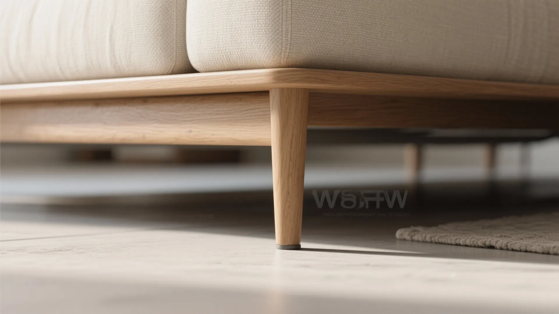 Close up of a beige sofa with wooden legs sitting on a light colored wood floor