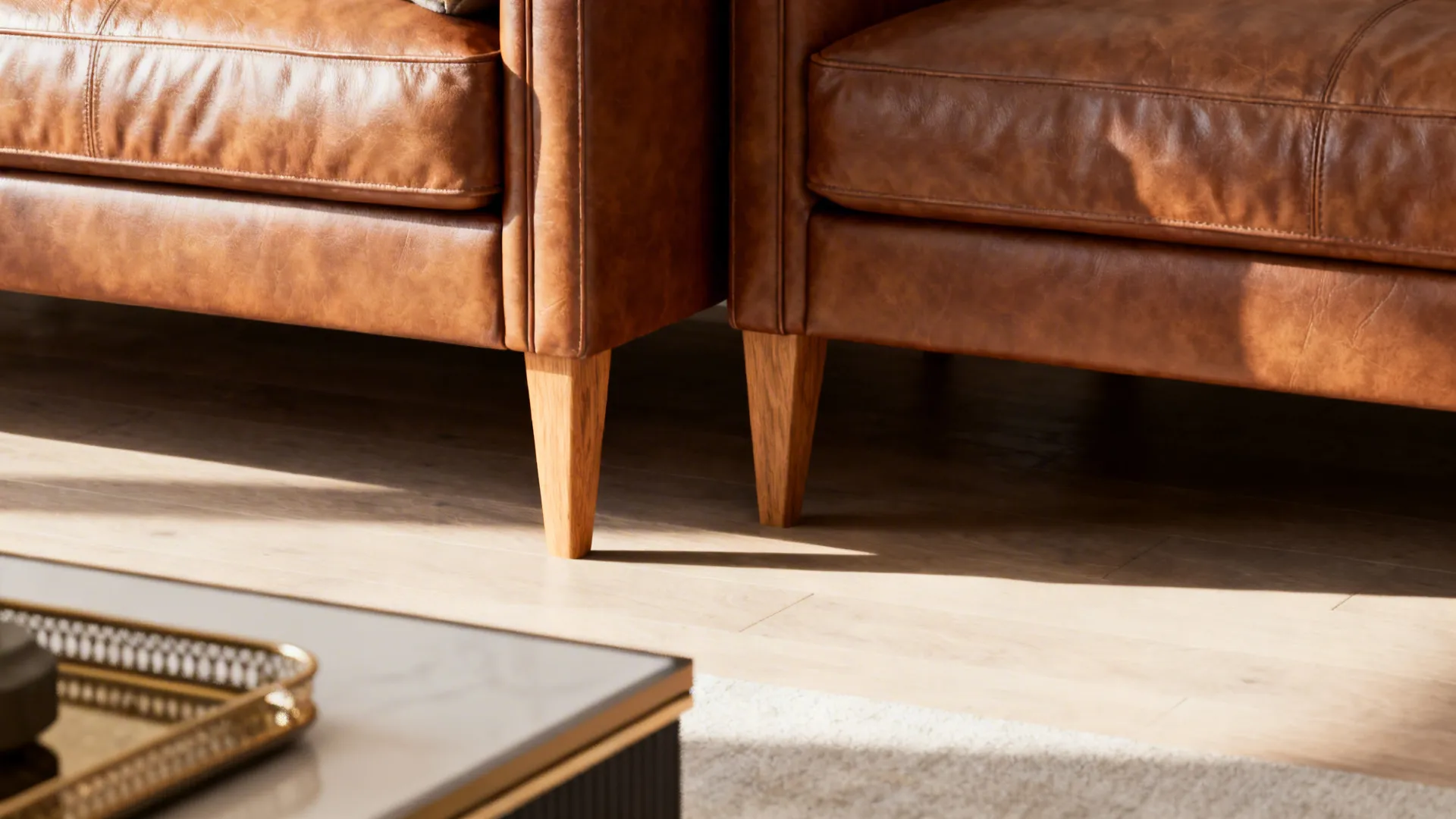 Close-up of raised legs under a slim two-seater leather sofa showing floor space and leather texture