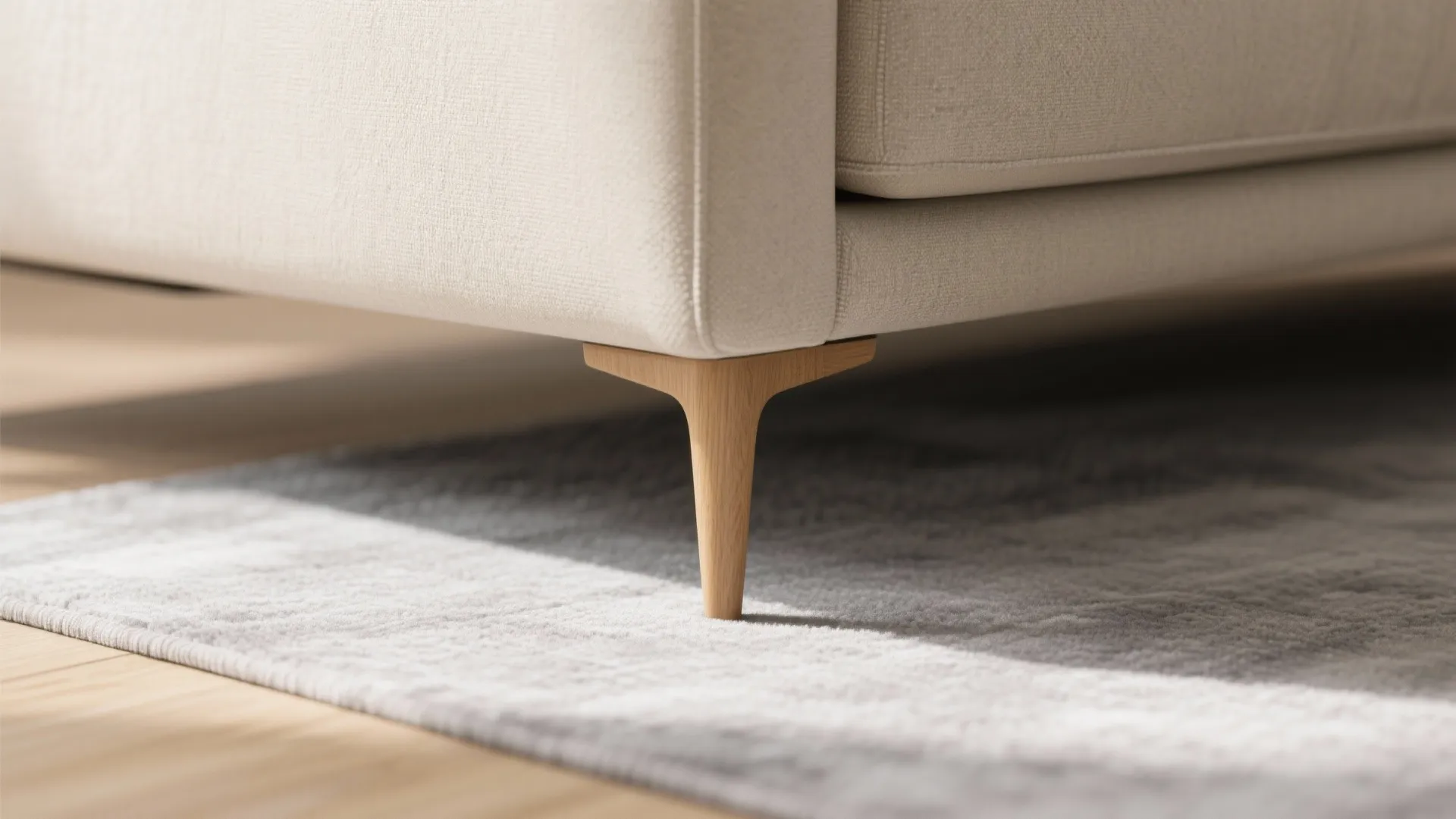 Close up of a wooden sofa leg on a grey rug with soft natural sun light