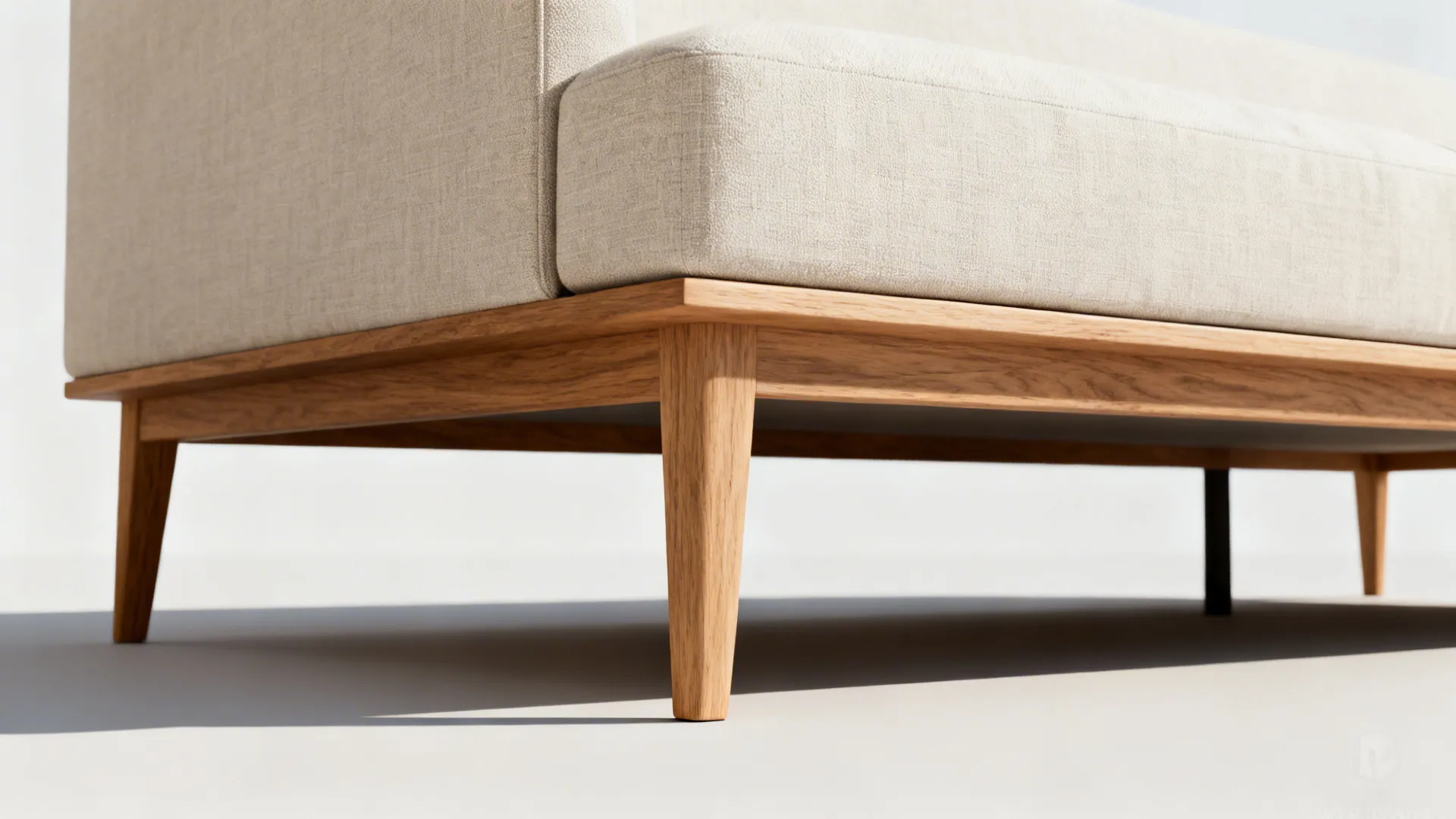 Close-up of pale linen sofa with slim oak legs showing visible floor space