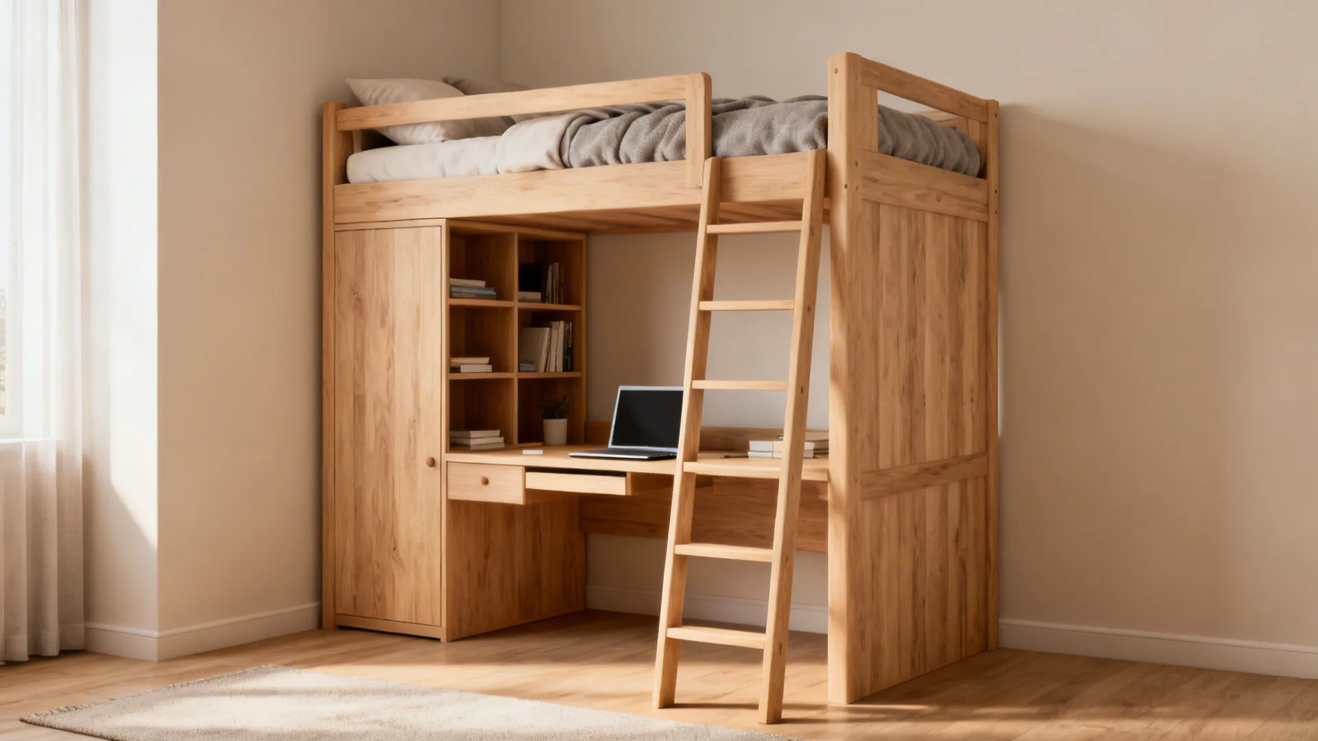 Raised loft bed with a study nook and shelving underneath in a small room.