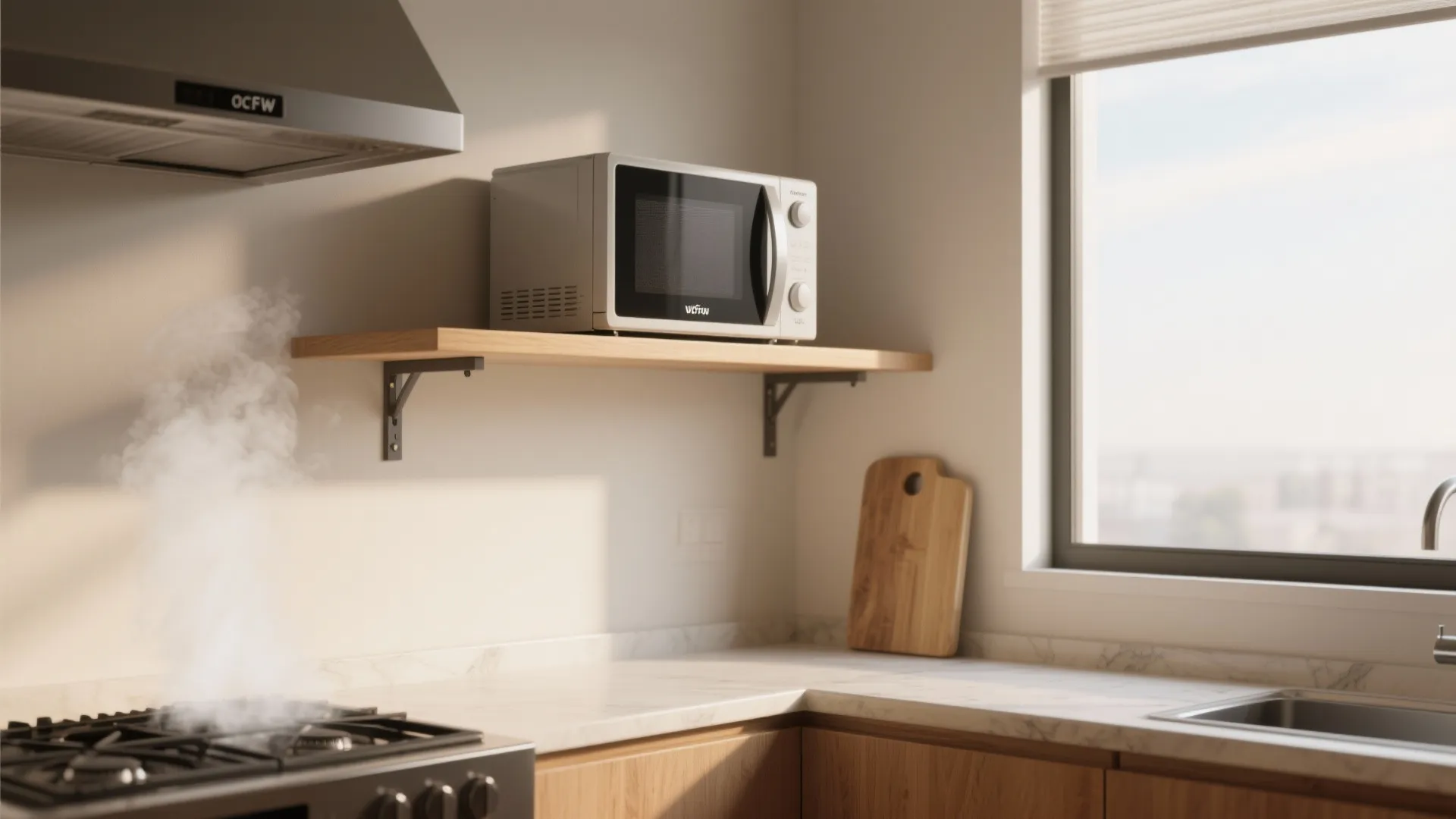 Microwave placed on a shallow raised shelf above the counter, showing accessibility and anchored brackets.