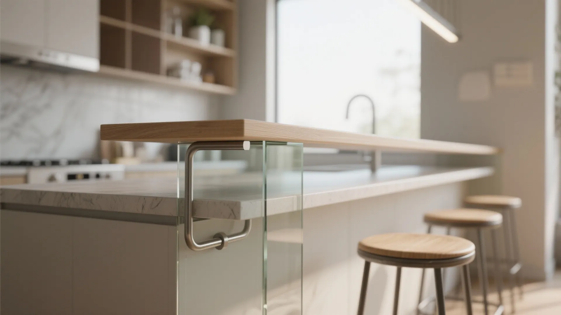 Raised wooden breakfast bar attached to white marble kitchen island with glass support and stools