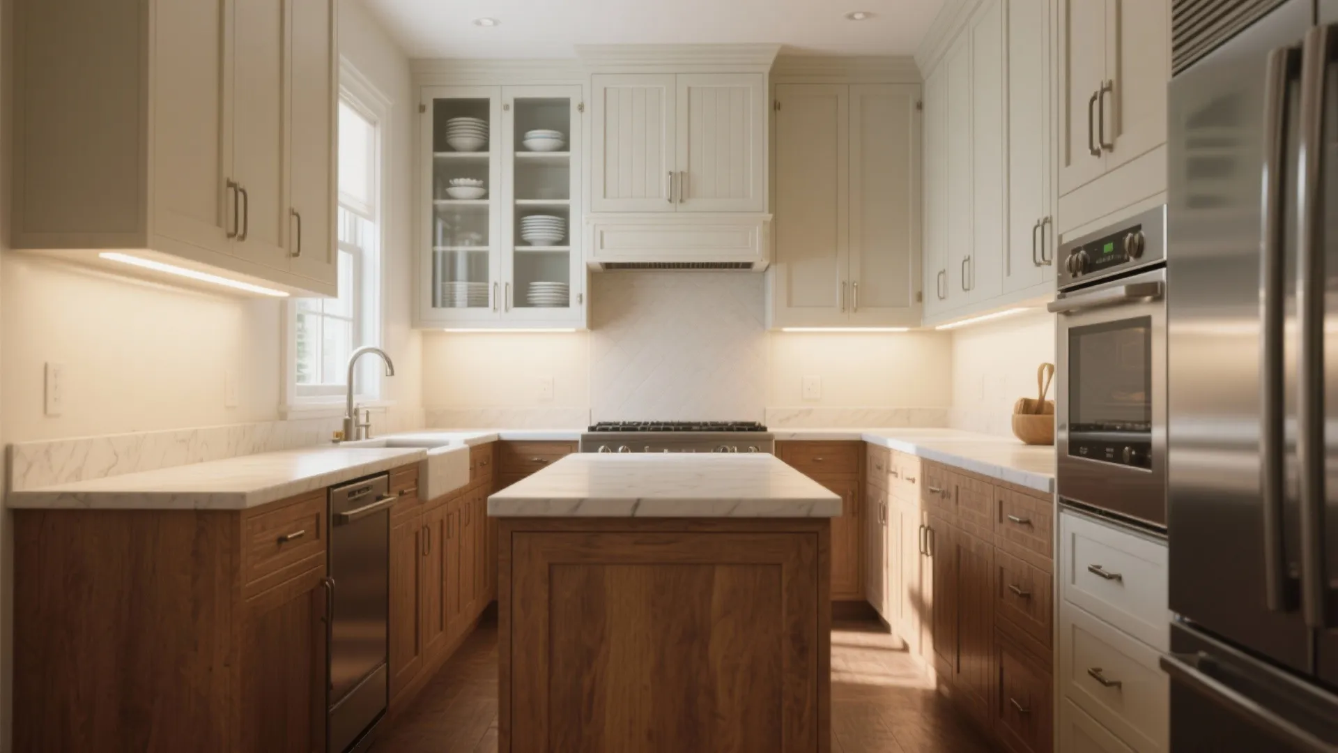 Traditional kitchen with wood lower cabinets white upper cabinets marble island and stainless steel kitchen oven